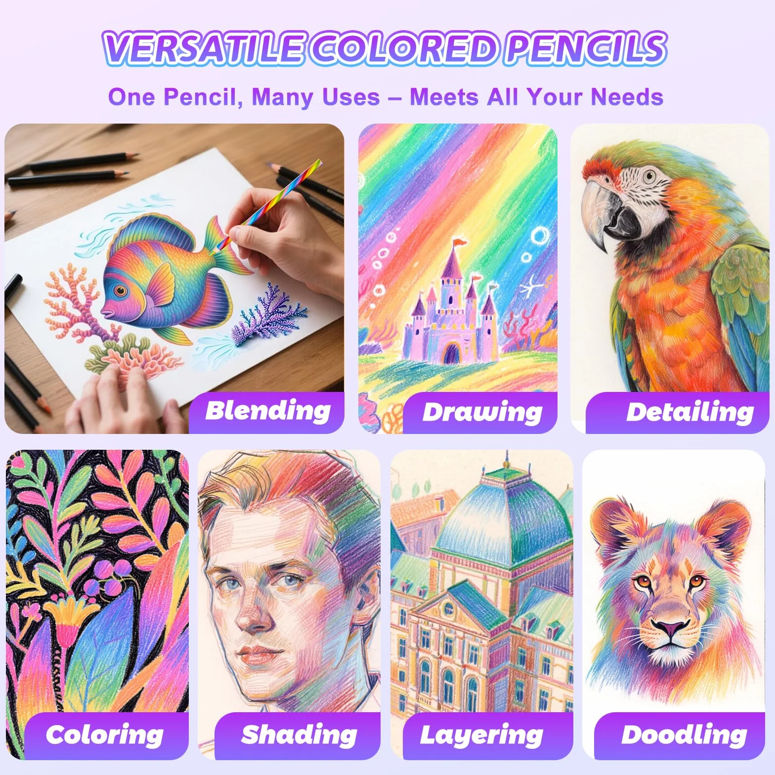 Crayons de couleur arc-en-ciel en bois 7 en 1 lot de 24 pour enfants adultes fournitures artistiques
