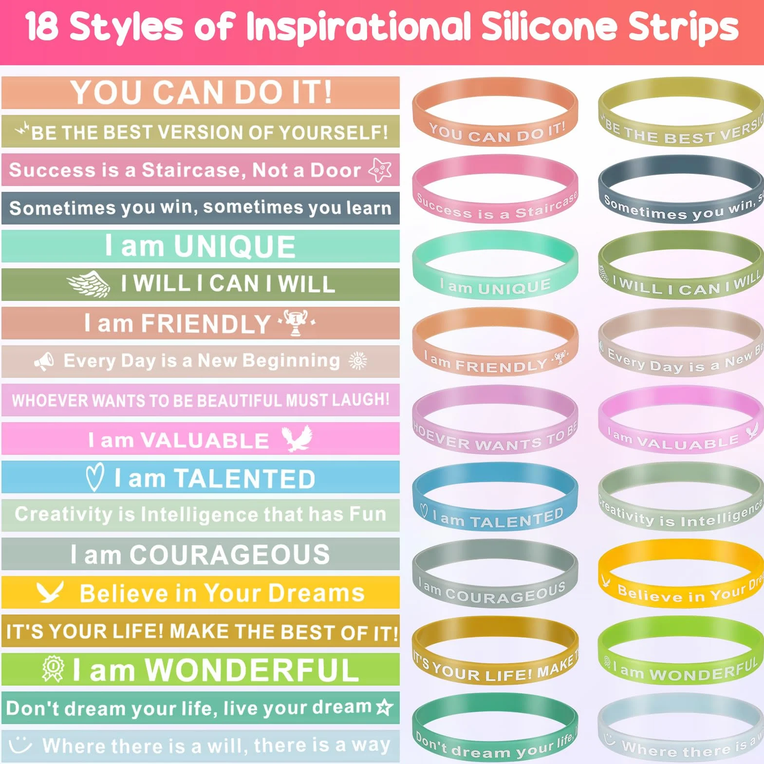 Bracelet en Silicone de Motivation 36 Pièces 20,2cm Couleurs avec Messages Positifs