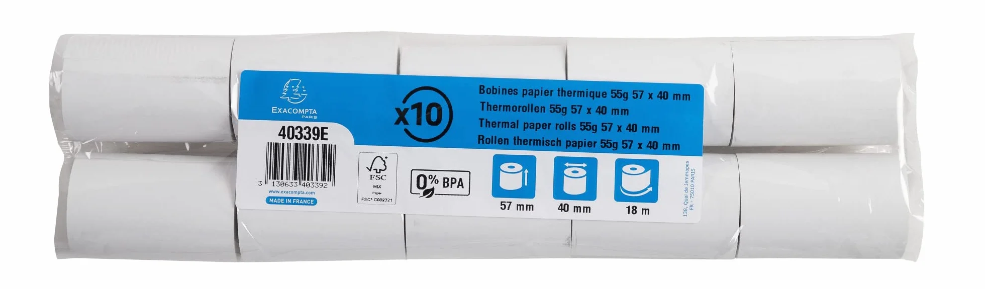 Exacompta Bobines pour tickets de carte bancaire 57 mm x 40 mm thermique 55g/m² 18 m Blanc