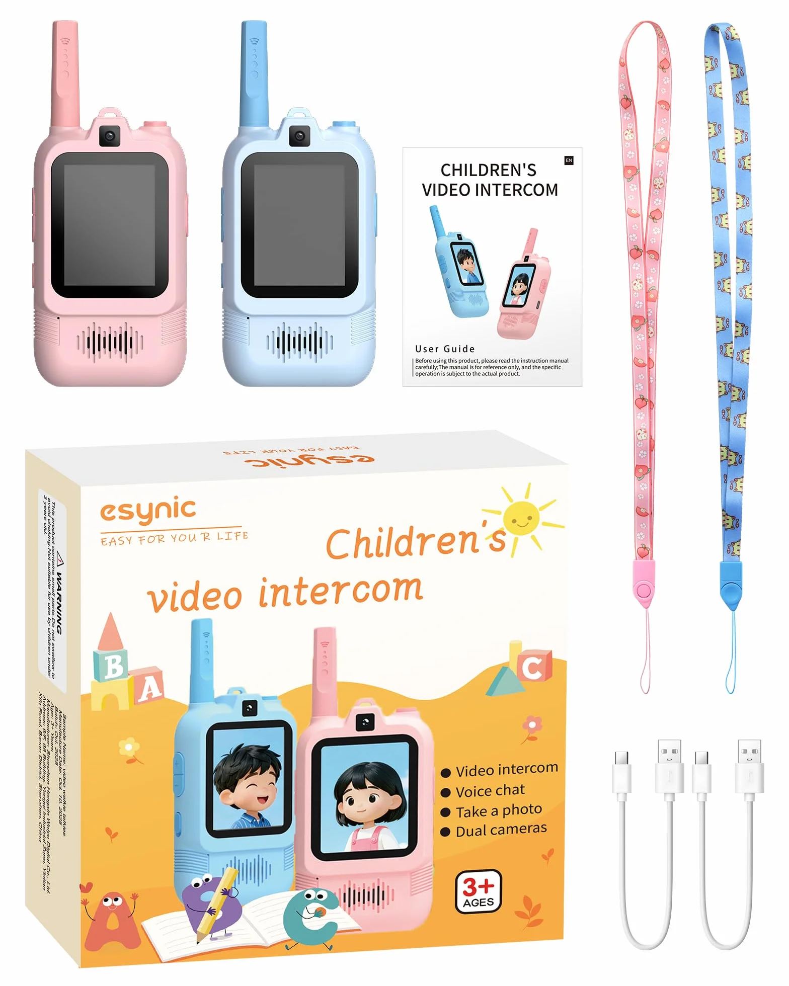 eSynic Talkie Walkie Enfants Double Caméra Appels Vidéo Portée 500m Rechargeable Rose+Bleu