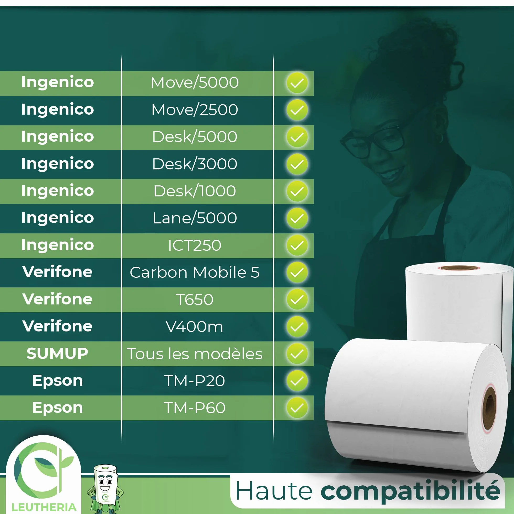 Bobine de papier thermique 57x40x12mm 15M sans BPA pour carte bleue ticket de caisse