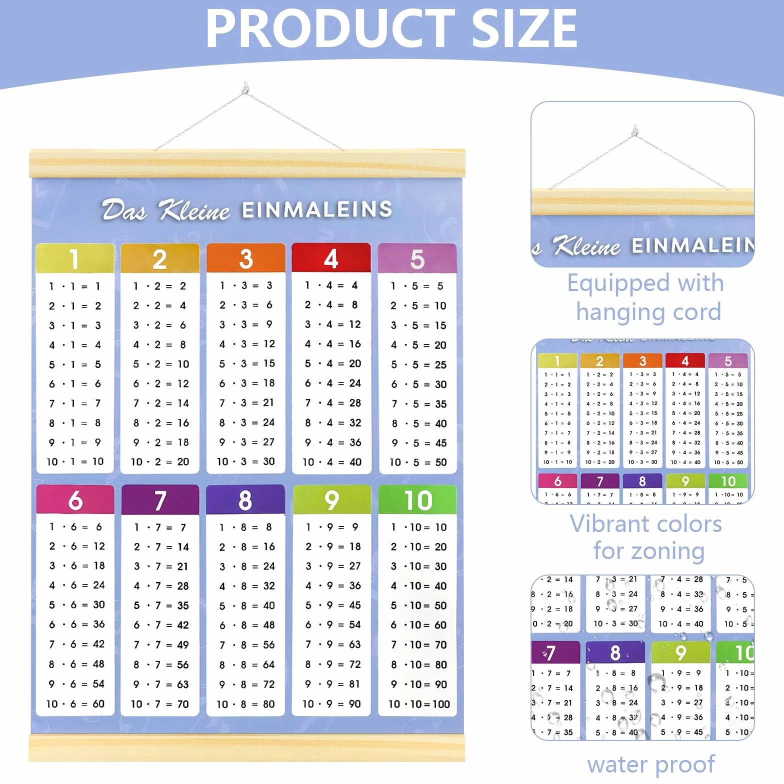 Affiche Éducative Table de Multiplication 1x1 jusqu'à 100 44x30 cm Imperméable avec Bagettes Bois