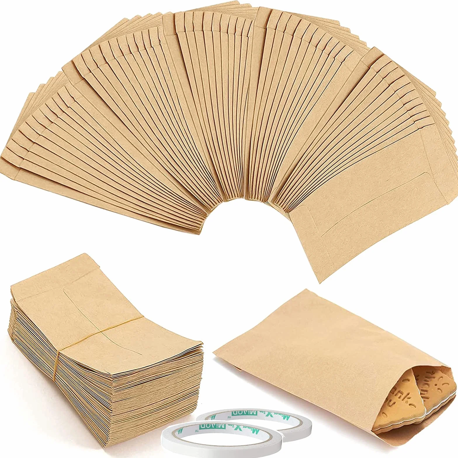 VEGCOO Lot de 150 mini sacs en papier kraft 10x6 cm avec ruban adhésif double