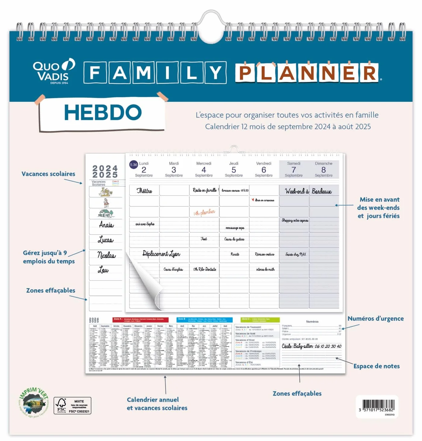 Calendrier familial Quo Vadis 2024-2025 30x30 cm Clairefontaine papier blanc fabrication française