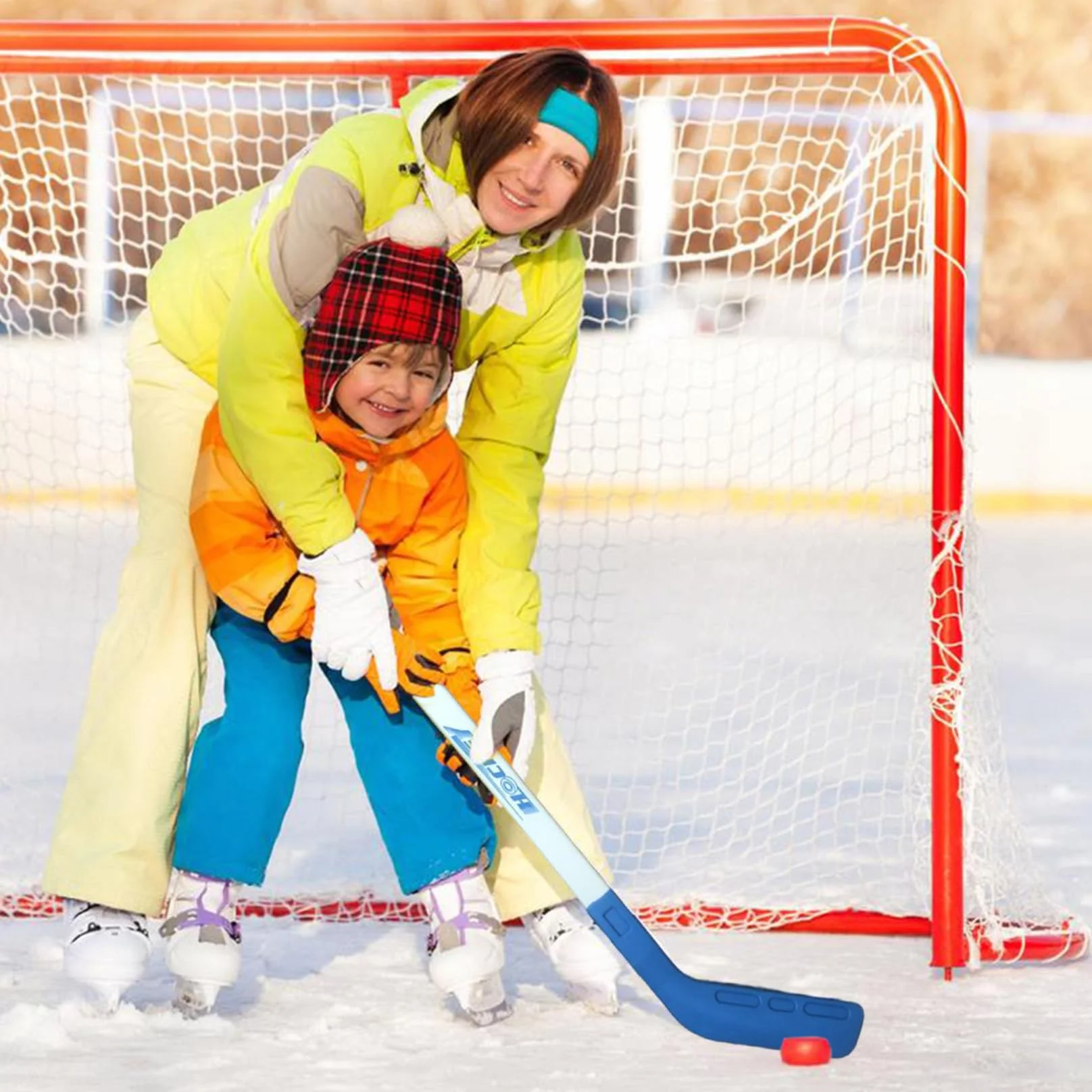 Ensemble de Hockey pour Enfants, Bâton avec 2 Balles, Entraînement Intérieur Extérieur (Bleu Rouge)