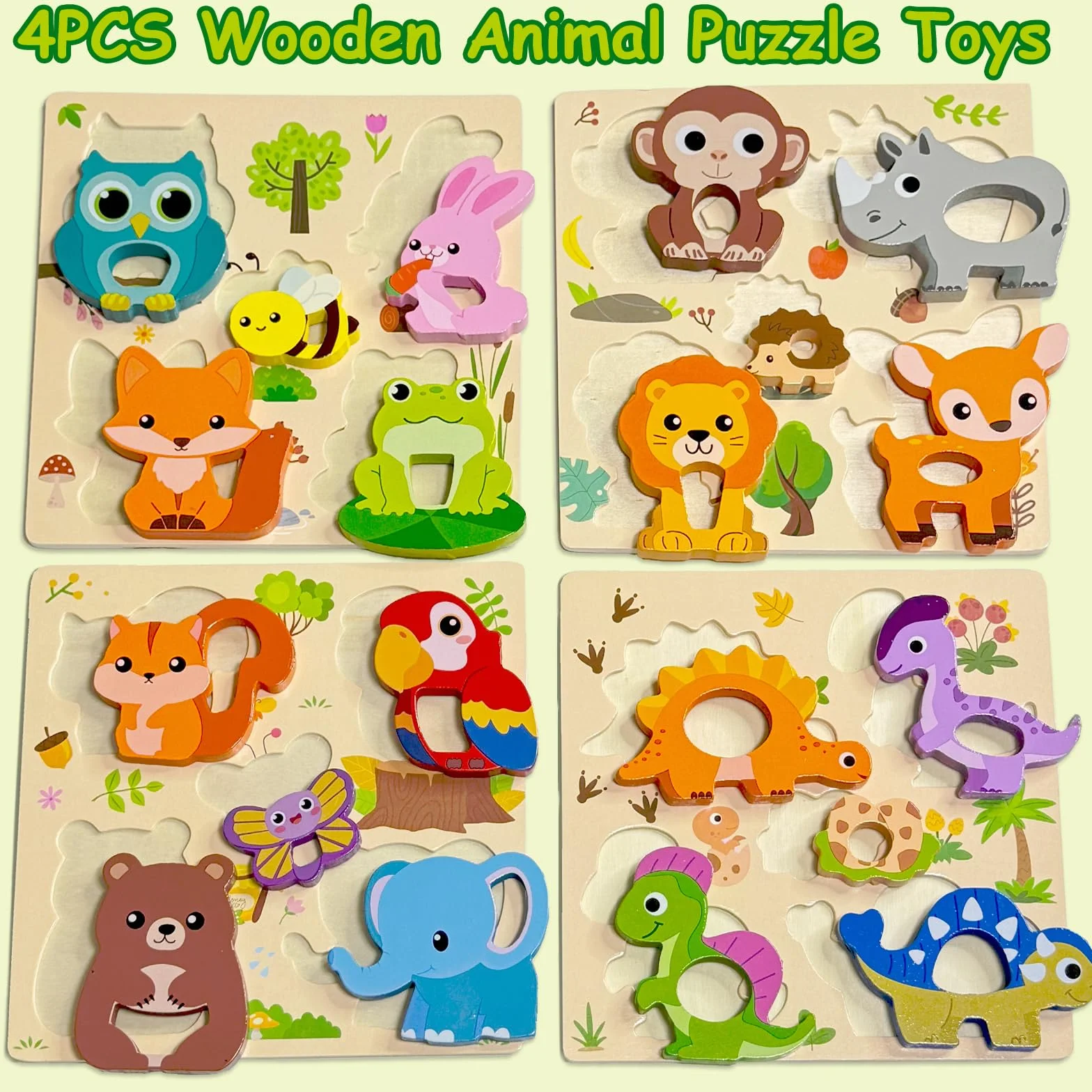 Puzzle en Bois Bebe 1 an 4 Pièces Animaux Montessori Jouet Educatif pour Enfant