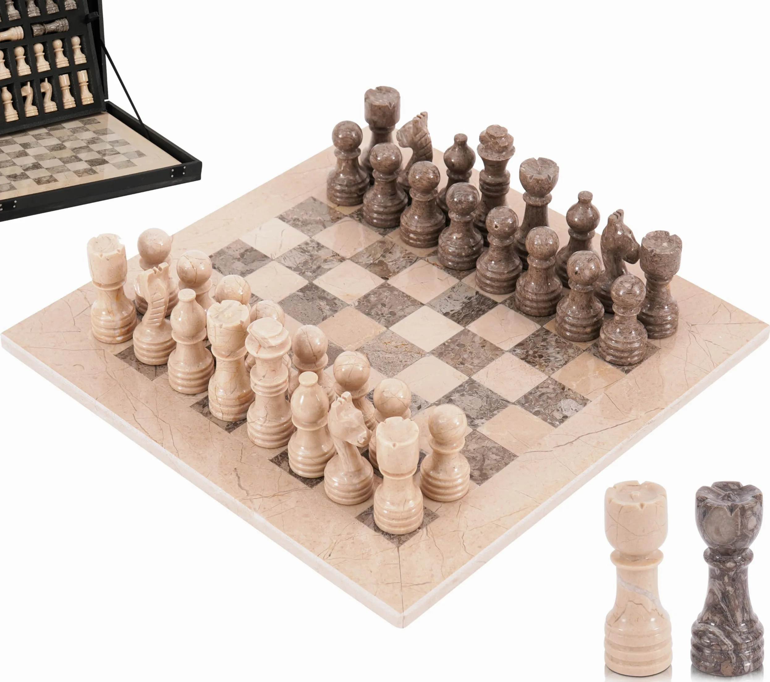 Verona and Oceanic Jeu d'échecs en marbre fait à la main avec boîte de rangement, jeu d'échecs de voyage classique pour adultes avec pièces d'échecs et 2 reines supplémentaires, cadeau élégant et