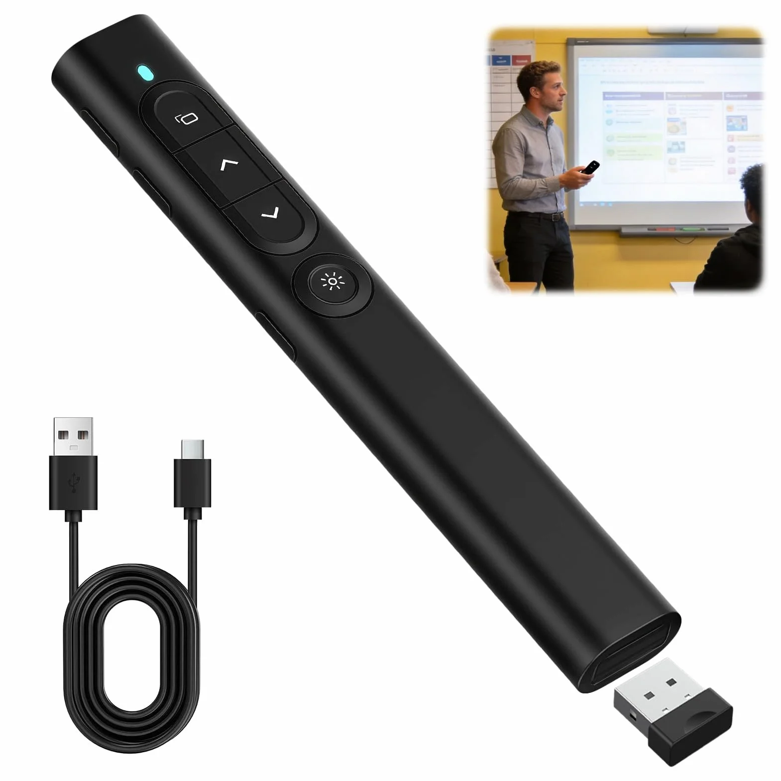 Télécommande Présentateur 2.4GHz USB sans Fil Rechargeable avec Hyperlien Contrôle du Volume pour Powerpoint Enseignement Bureau Mac PC Noir