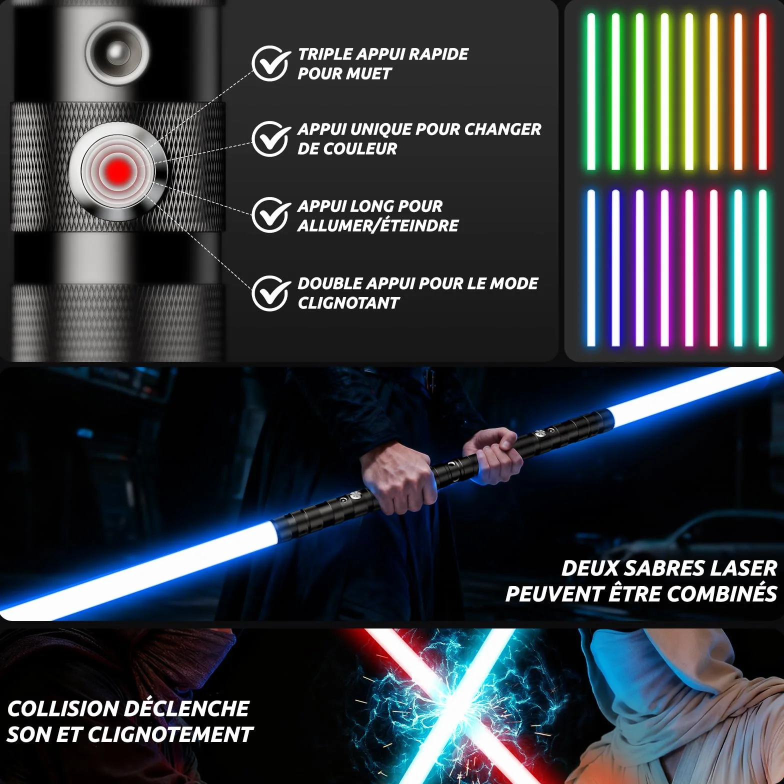 Sabre Laser Enfants 2 en 1 USB Rechargeable RGB 16 Couleurs Sons Simulés de Combats Cadeaux Garçons (2 pièces)