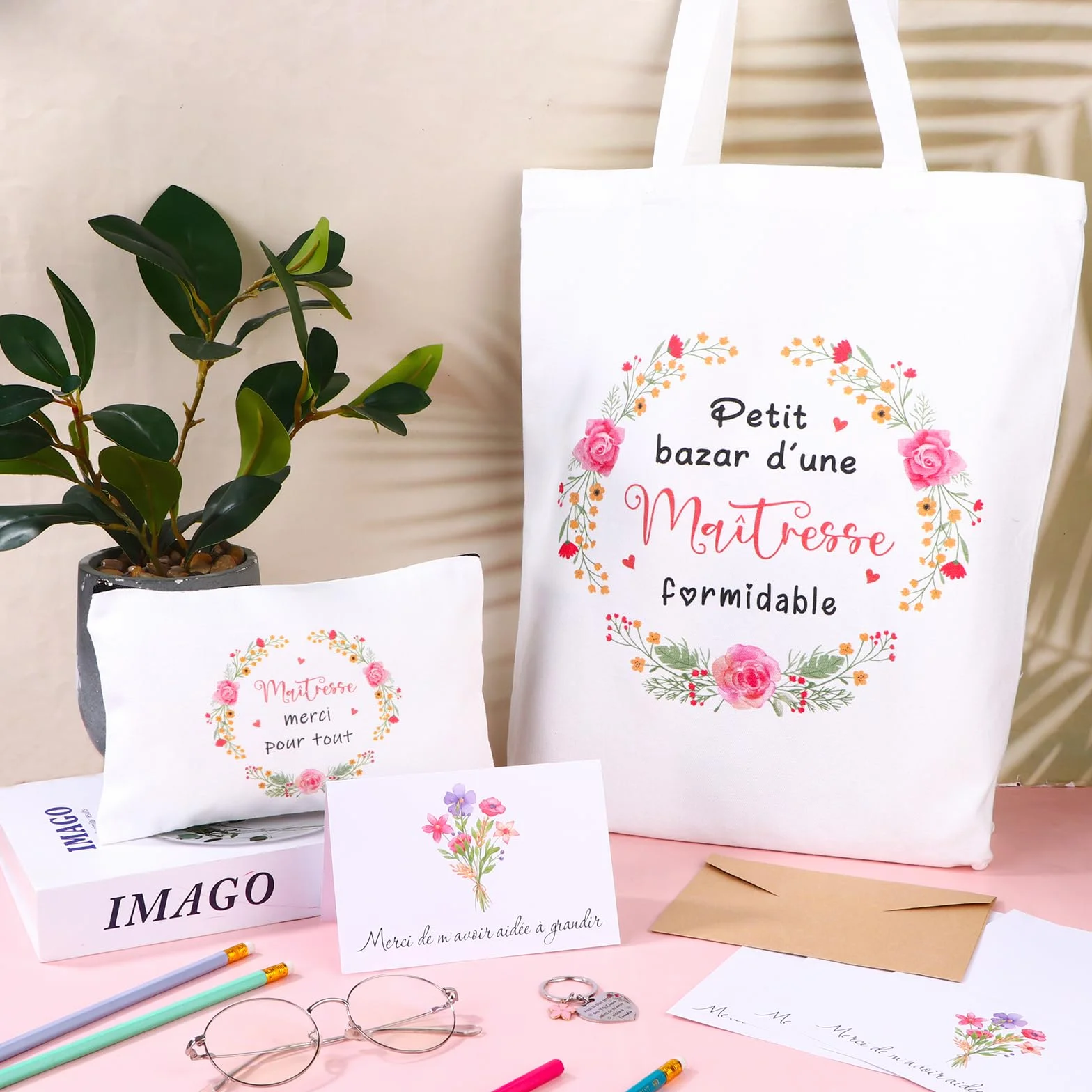 Sac en Coton Trousse de Toilette Porte-clés Carte de Vœux Set 4 Pièces Cadeau pour Maitresse Institutrice ATSEM AESH Fin d'Année