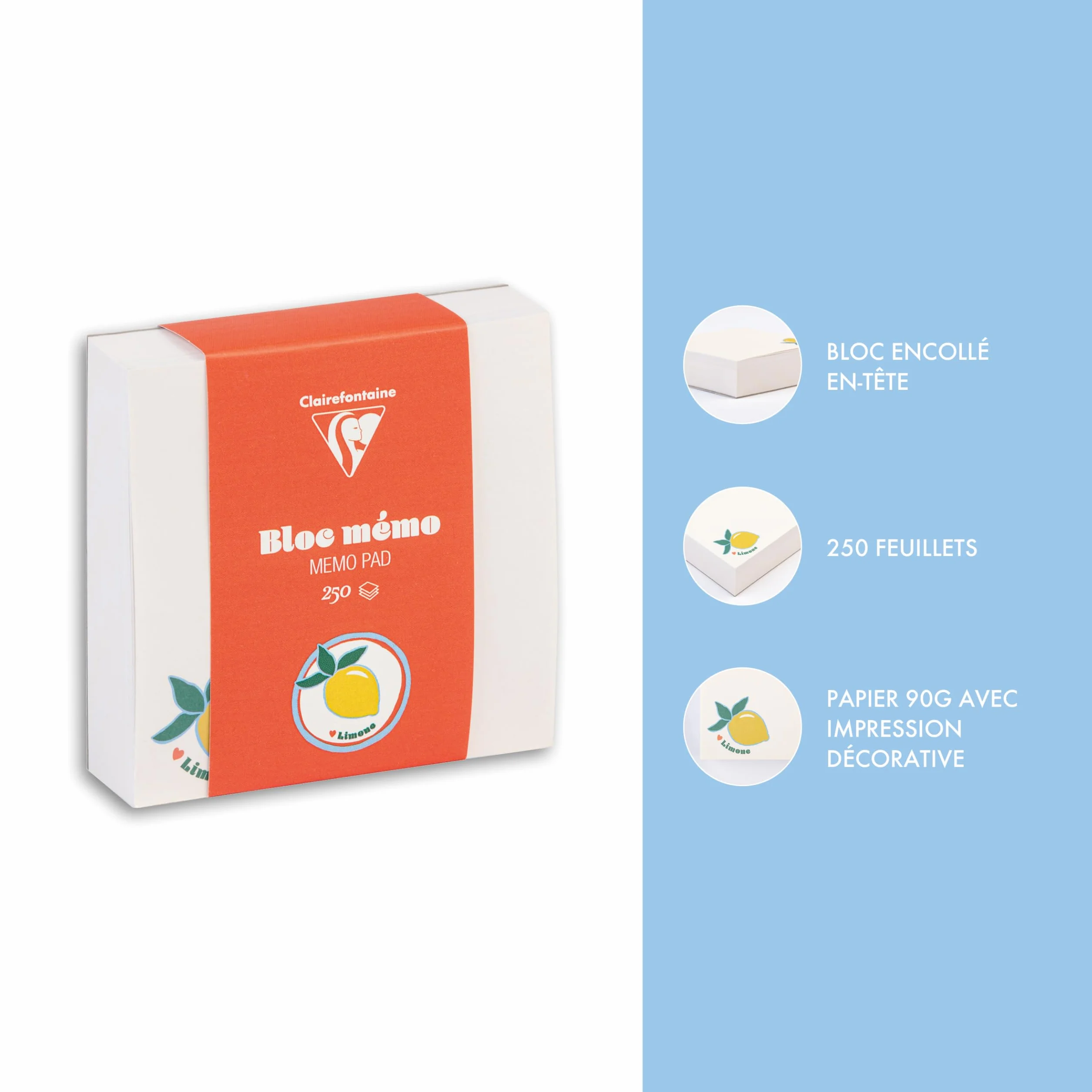 Clairefontaine Bloc 250 Feuillets Décor Agrumes 9,8x9,8 cm Papier Blanc 90g Dolce Amore