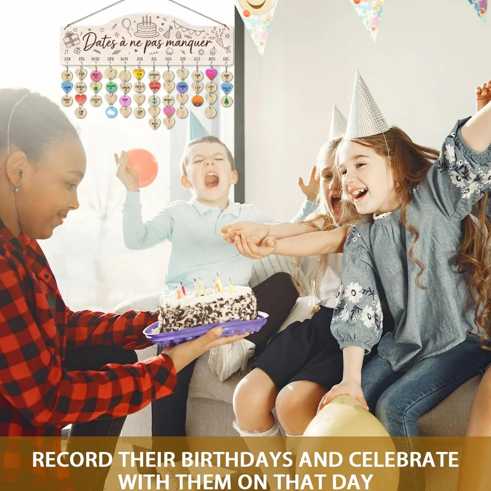 Arricraft Calendrier de rappel d'anniversaire en bois 40x12cm gâteau scintilles étoile avec 100 étiquettes