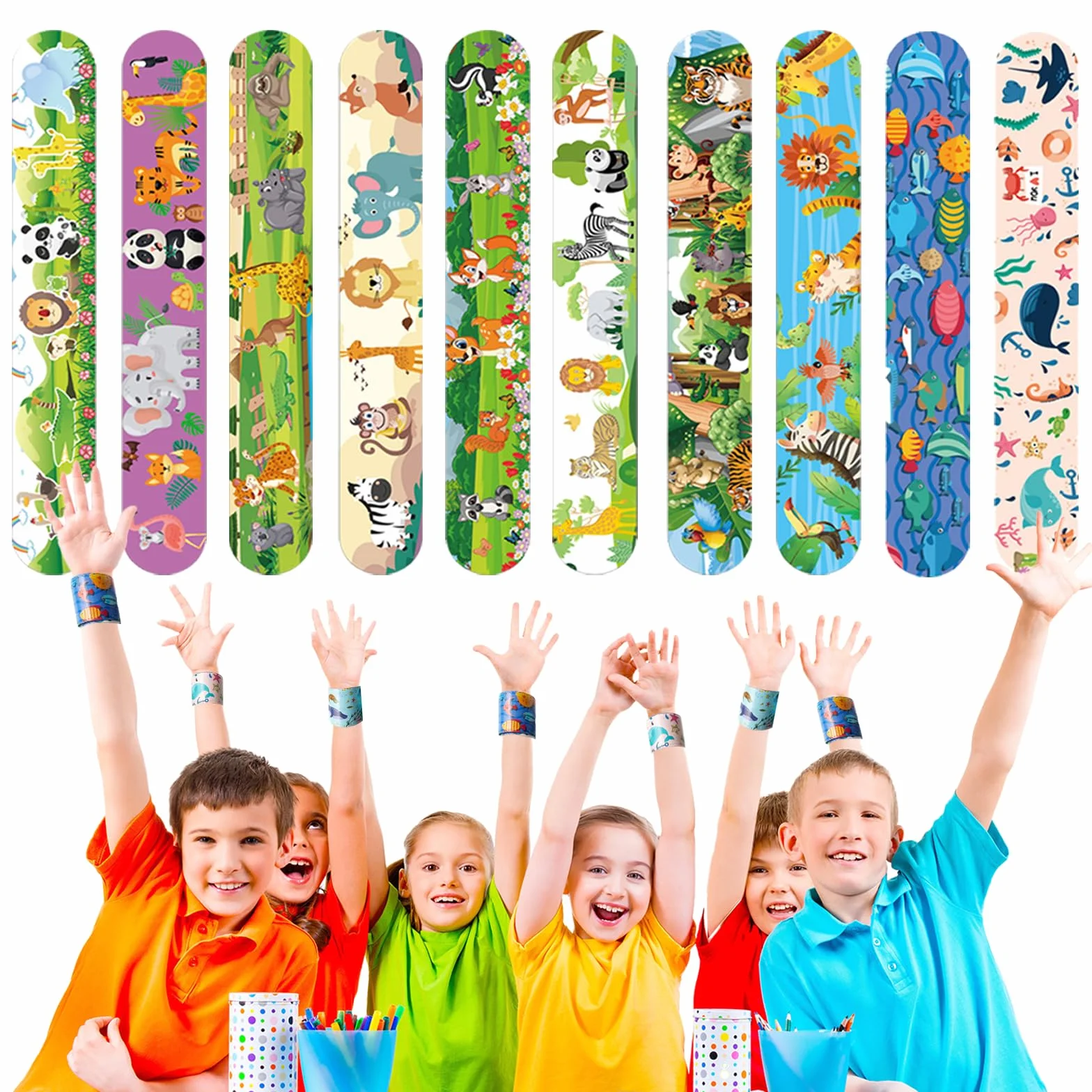 Slap Bracelet 40 pcs Motifs Animaux Forestiers Marins Dinosaures Bandes Cadeaux Anniversaire Jouets Garçons Filles