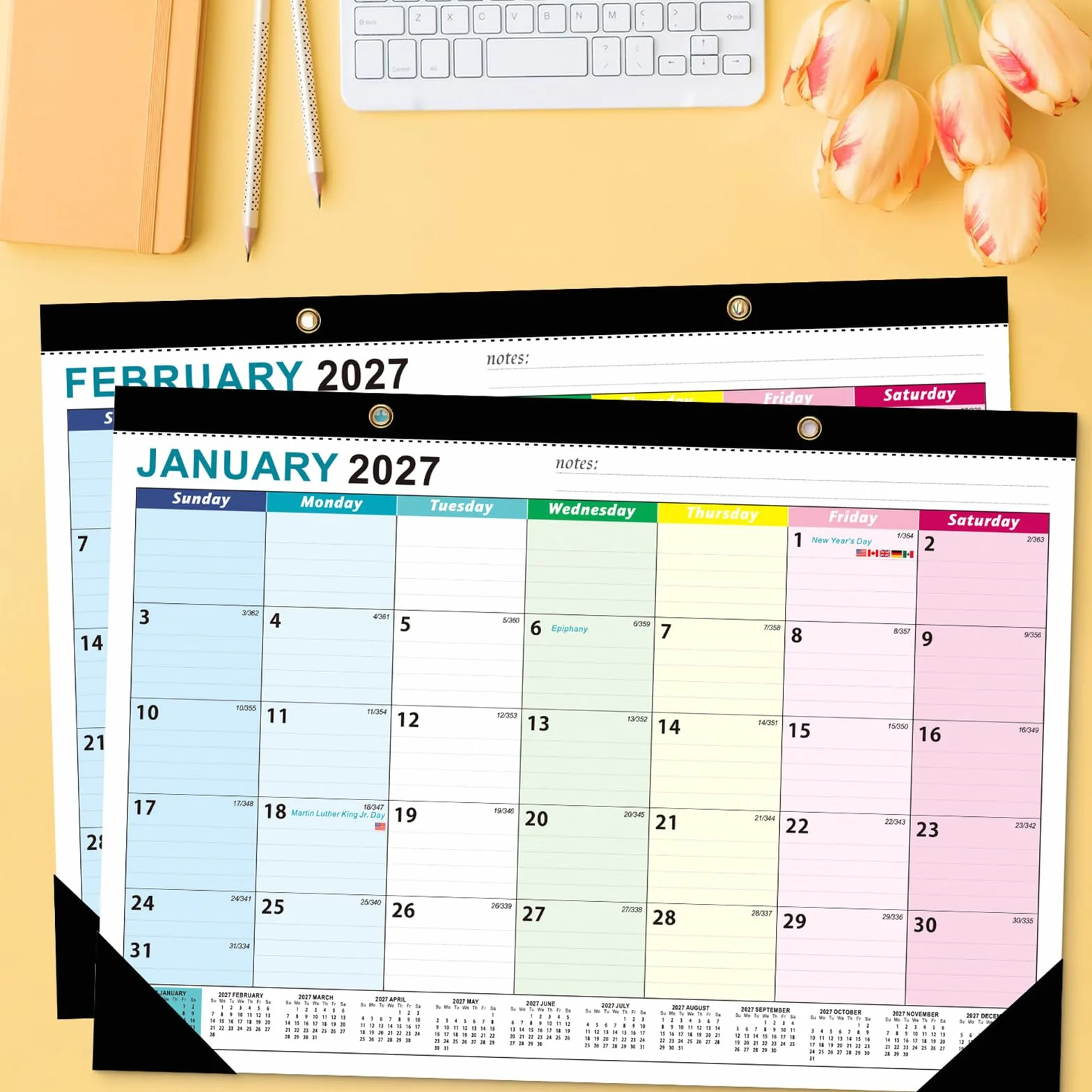Calendrier mural 2026-2027 19 mois juin 2026 à décembre 2027, planificateur familial détachable pour bureau