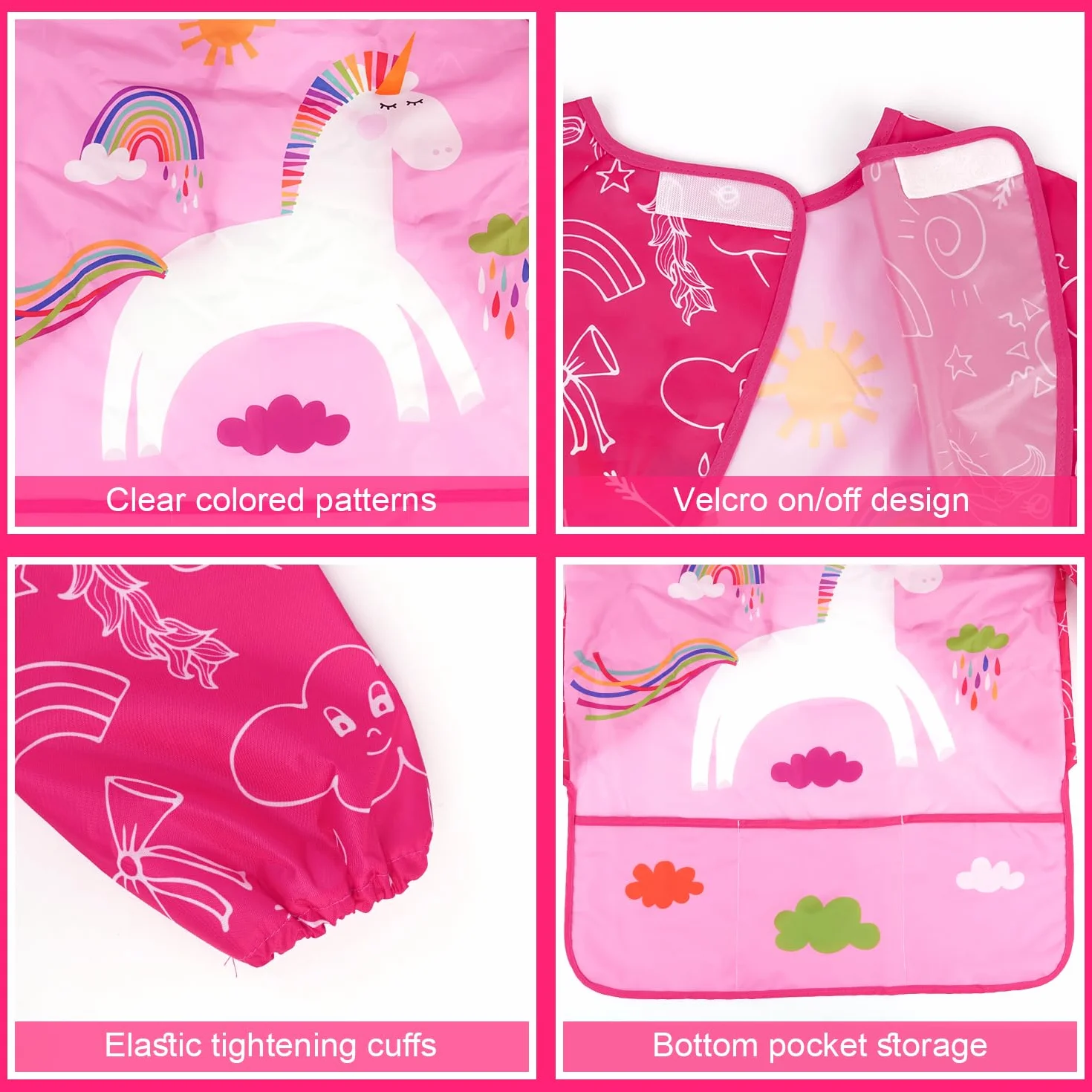 Tablier Peinture Enfant 3-8 ans Licorne Dinosaures Manchon 3 Poches Longueur 58cm