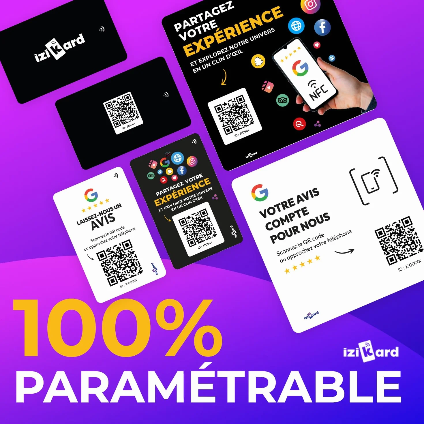 Carte NFC avis Google QR Code puce NFC collecter avis clients format carte rigide personnalisée Izikard