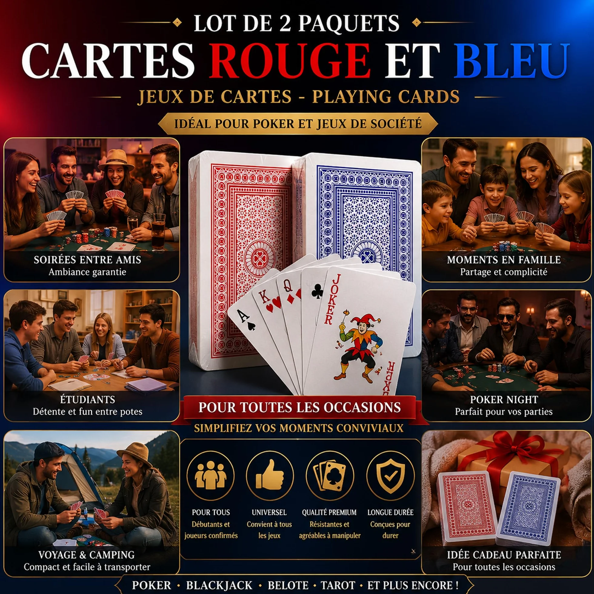 Jeux de Cartes Rouge et Bleu Lot de 2 - Cartes à Jouer pour Poker et Jeux de Société