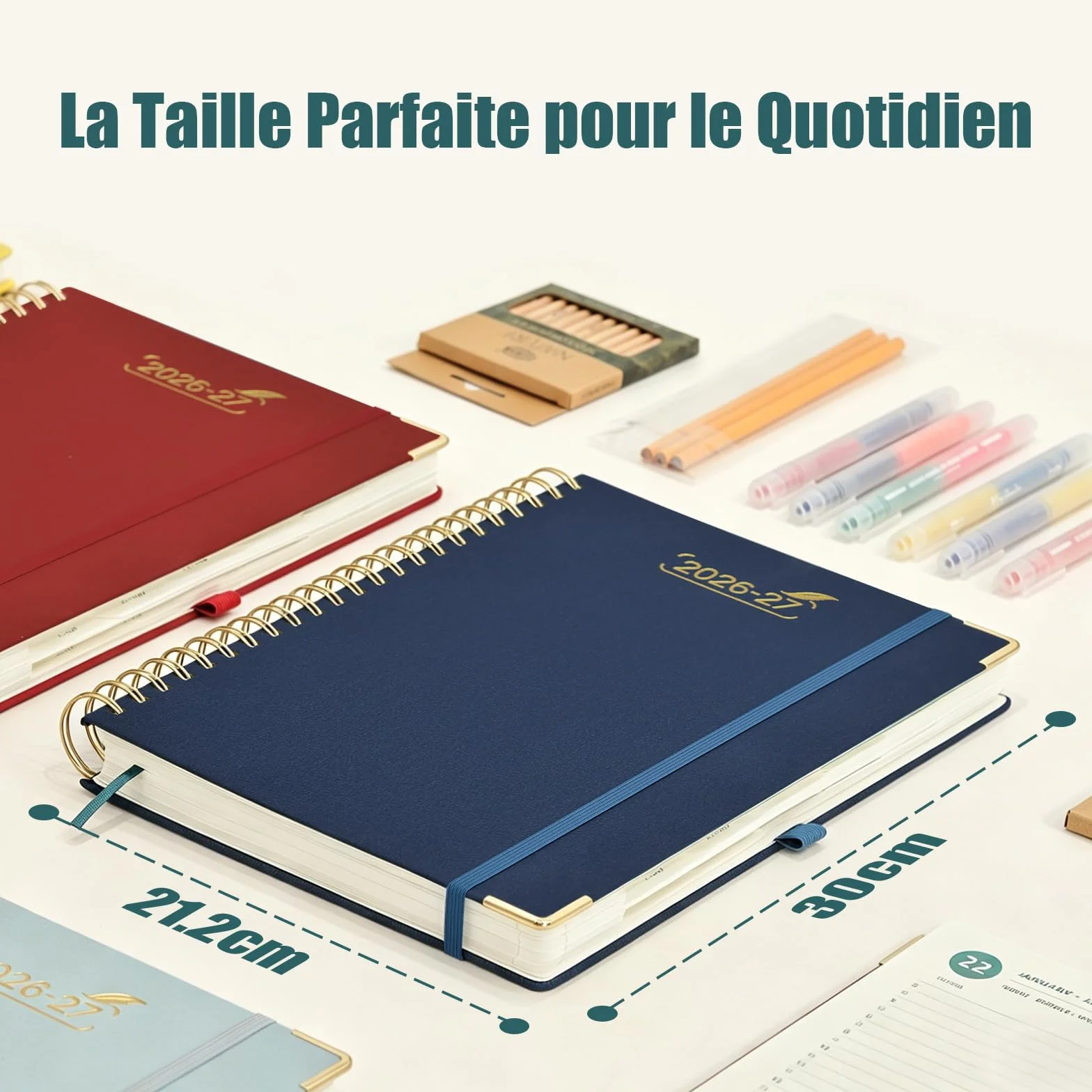 BEZEND Agenda Scolaire 2026-2027 A4 Journalier Spirale 28x22 cm 12 Mois Protège-coins Métal Dorés Couverture Rigide Cuir PU Rose