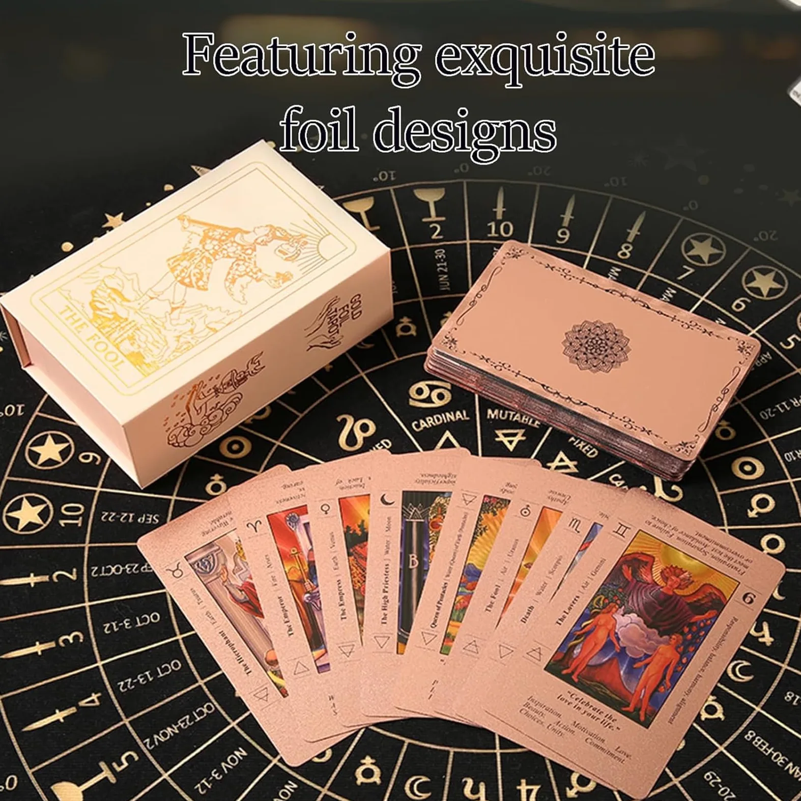 Lot de 2 cartes de tarot or rose avec guide (français non garanti), cartes de tarot en or rose, imperméable et infroissable, comprend les chakras, les planètes, les signes du zodiaque, les éléments et