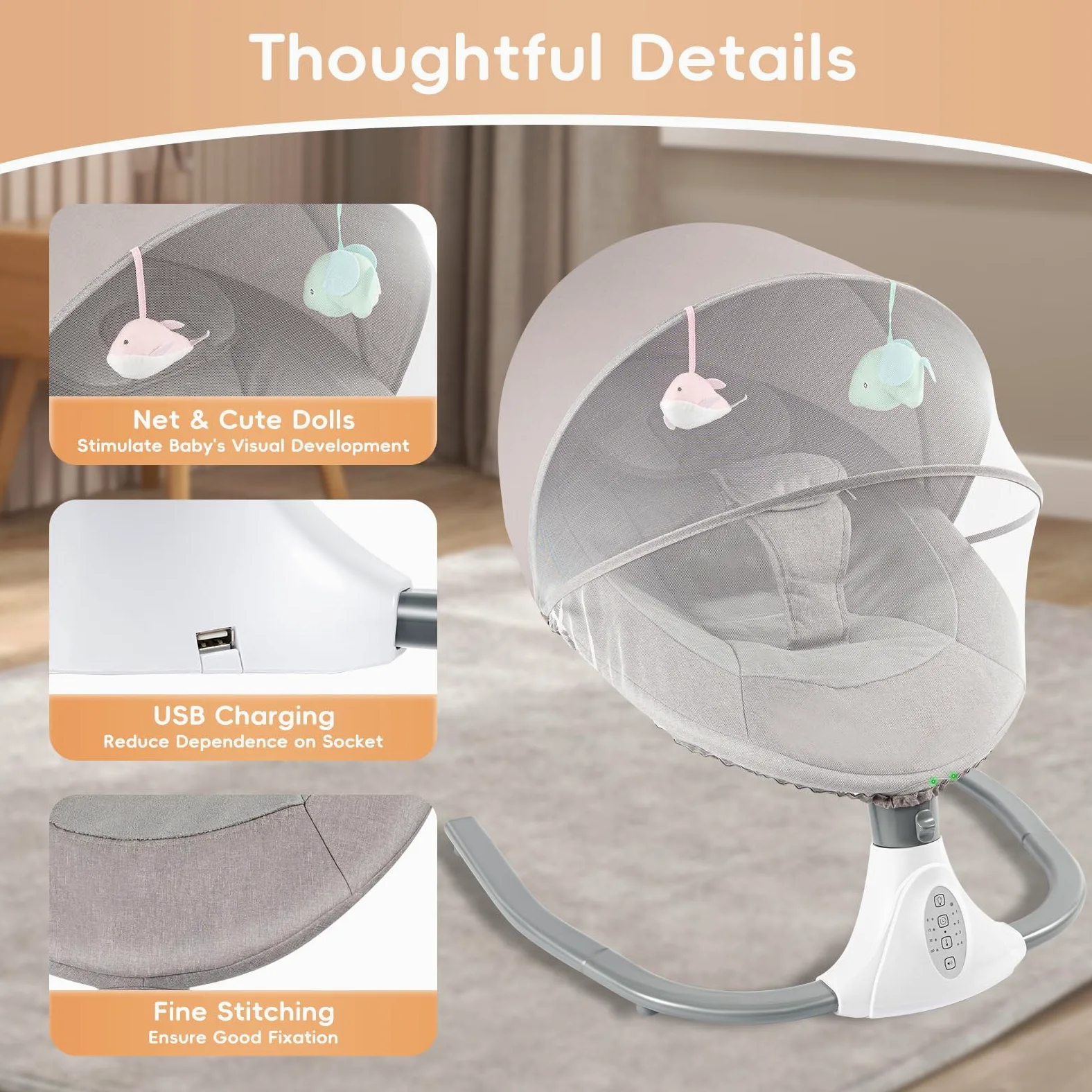 BalancelleBebe Electrique,Balancellepour BéBéBalancelle,Balancer BéBés,avec Parasol et Tente,Il Convient aux Familles avec des BéBéS âGéS de 0 à 18 Mois et Pesant (Gris)