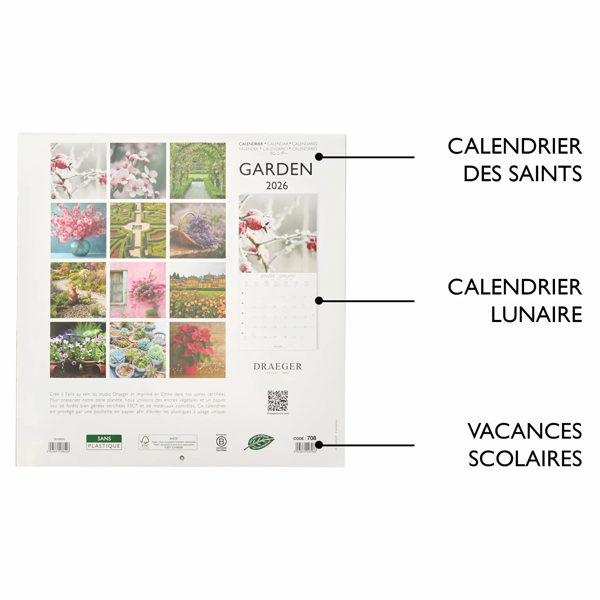 DRAEGER PARIS 1886 Grand Calendrier mural 28x29 cm 2026 Thème Jardin 12 mois Papier FSC