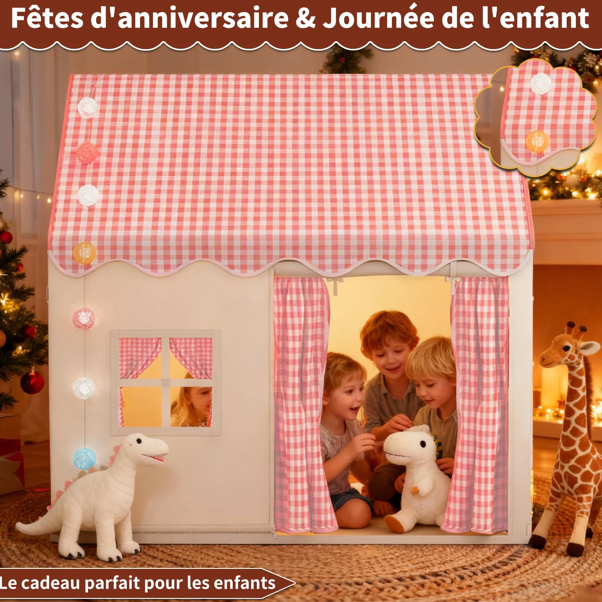 Tente de Jeu Enfant Cabane Tout-Petits avec Lumineuse Décorative Rose