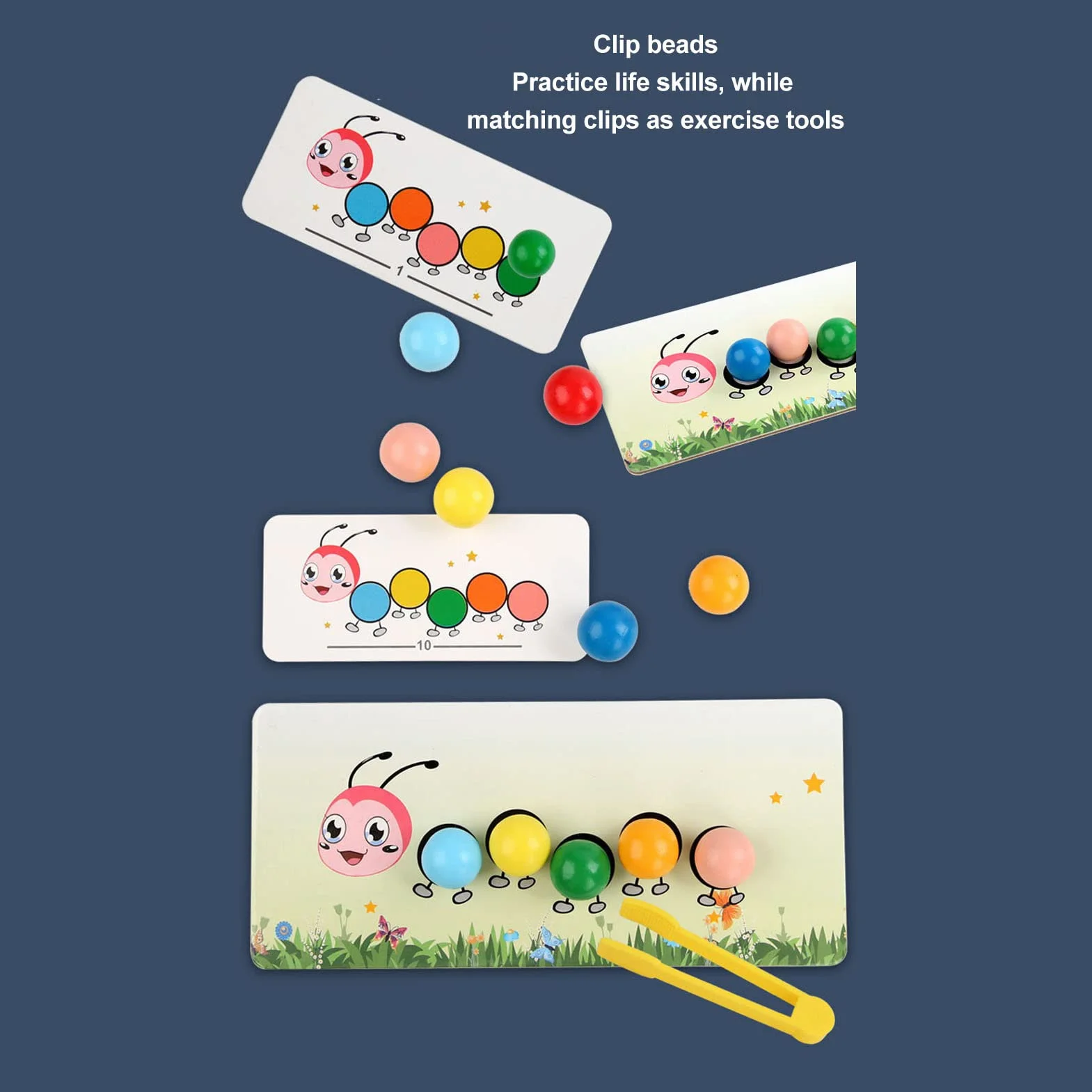 Jouet de Perles à Clip de Chenille en Bois, Exercice de Coordination œil-Main, tri des Couleurs avec Cartes de Pratique et boîte de Rangement pour Enfants