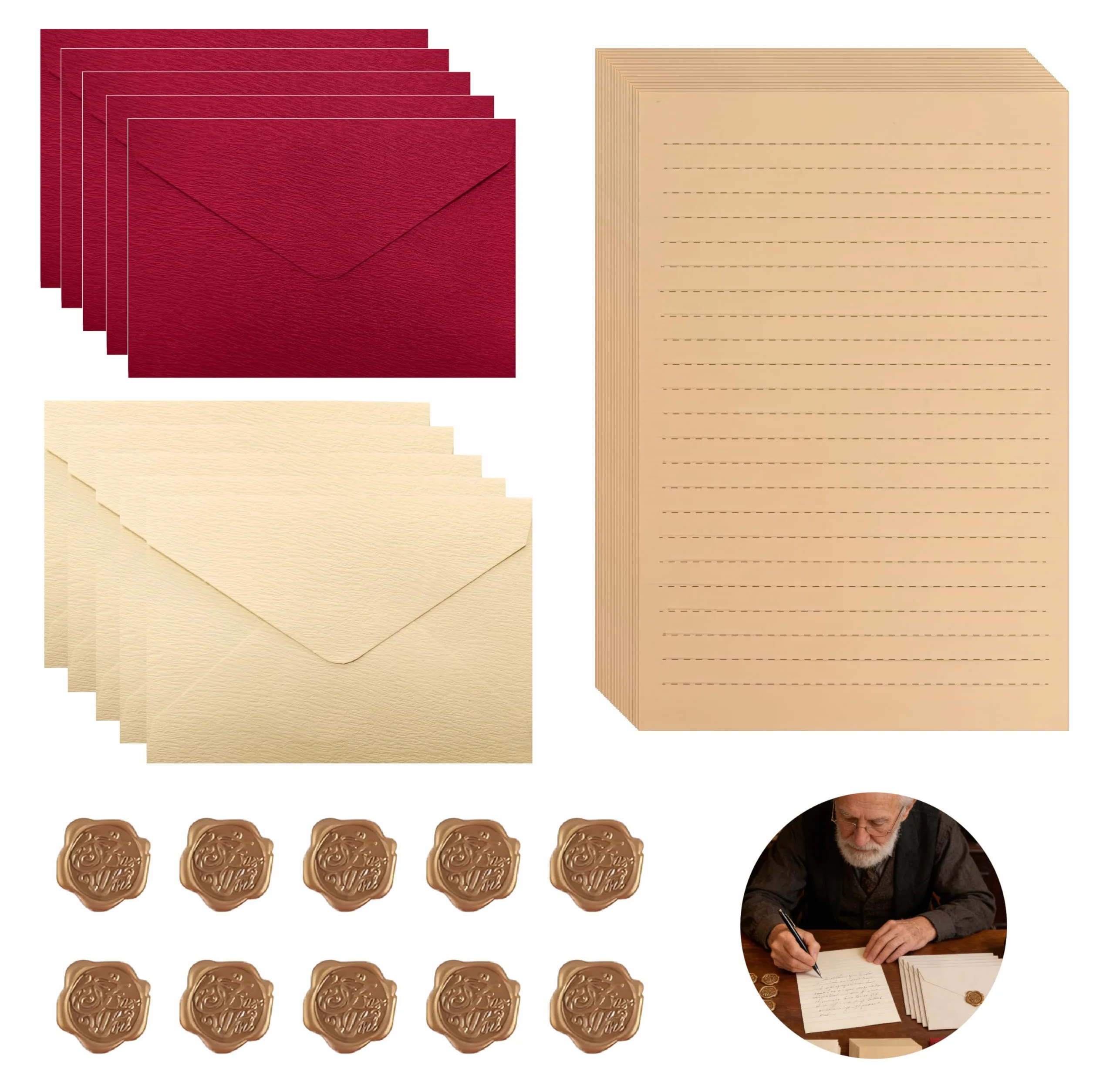 Ensemble Papier à Lettre Vintage, 5 Enveloppes Beiges, 5 Rouges, 30 Feuilles, 10 Autocollants Cire