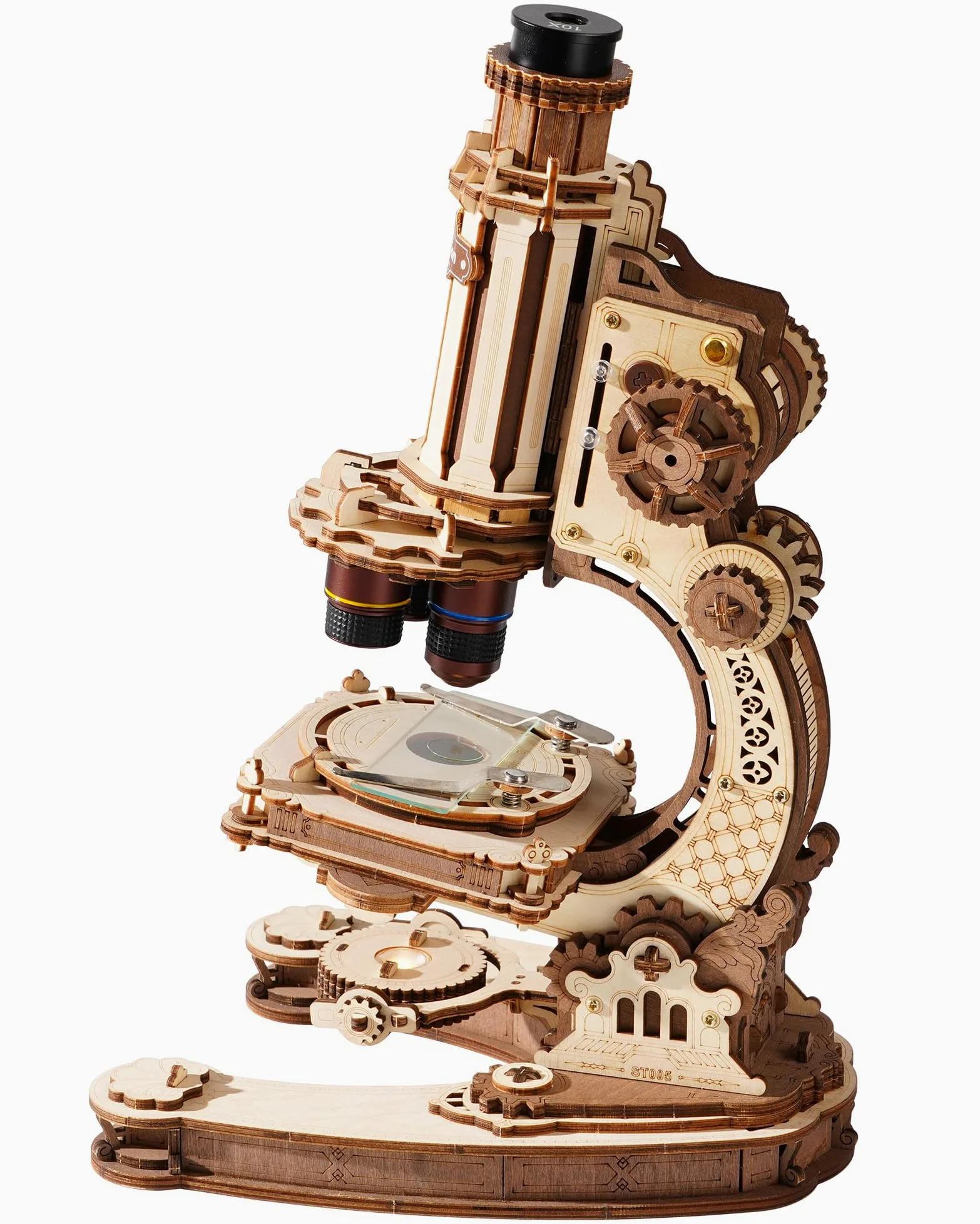 ROKR Puzzle en Bois 3D Microscope Fonctionnel ST005, kit modèle mécanique | Grossissement de 400x éclairage LED réglable Cadeau STEM