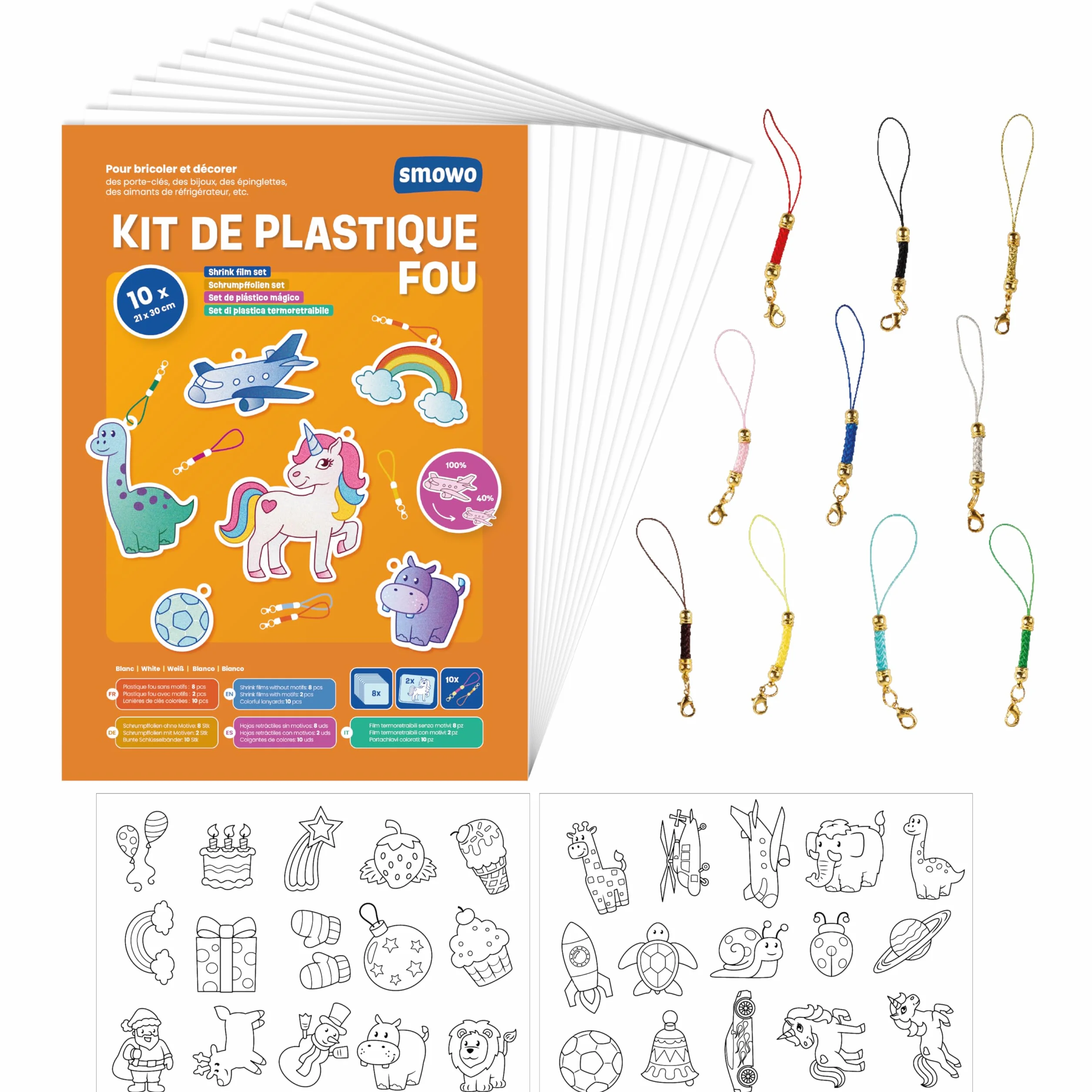 Lot de 10 films plastique fou magique A4 mat transparent - Papier rétractable avec porte-clés