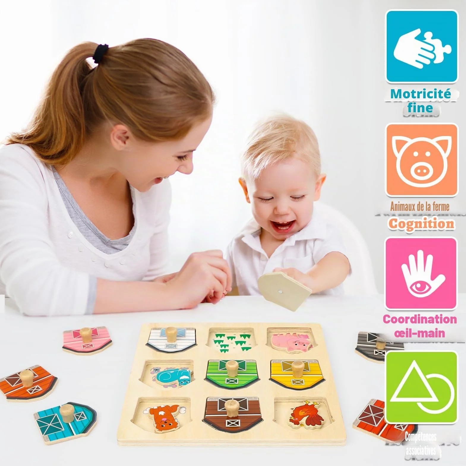 Jouets Montessori Puzzle en Bois pour Bébé 1 an Ferme Jouet Moteur 12-36 Mois Fille Garçon