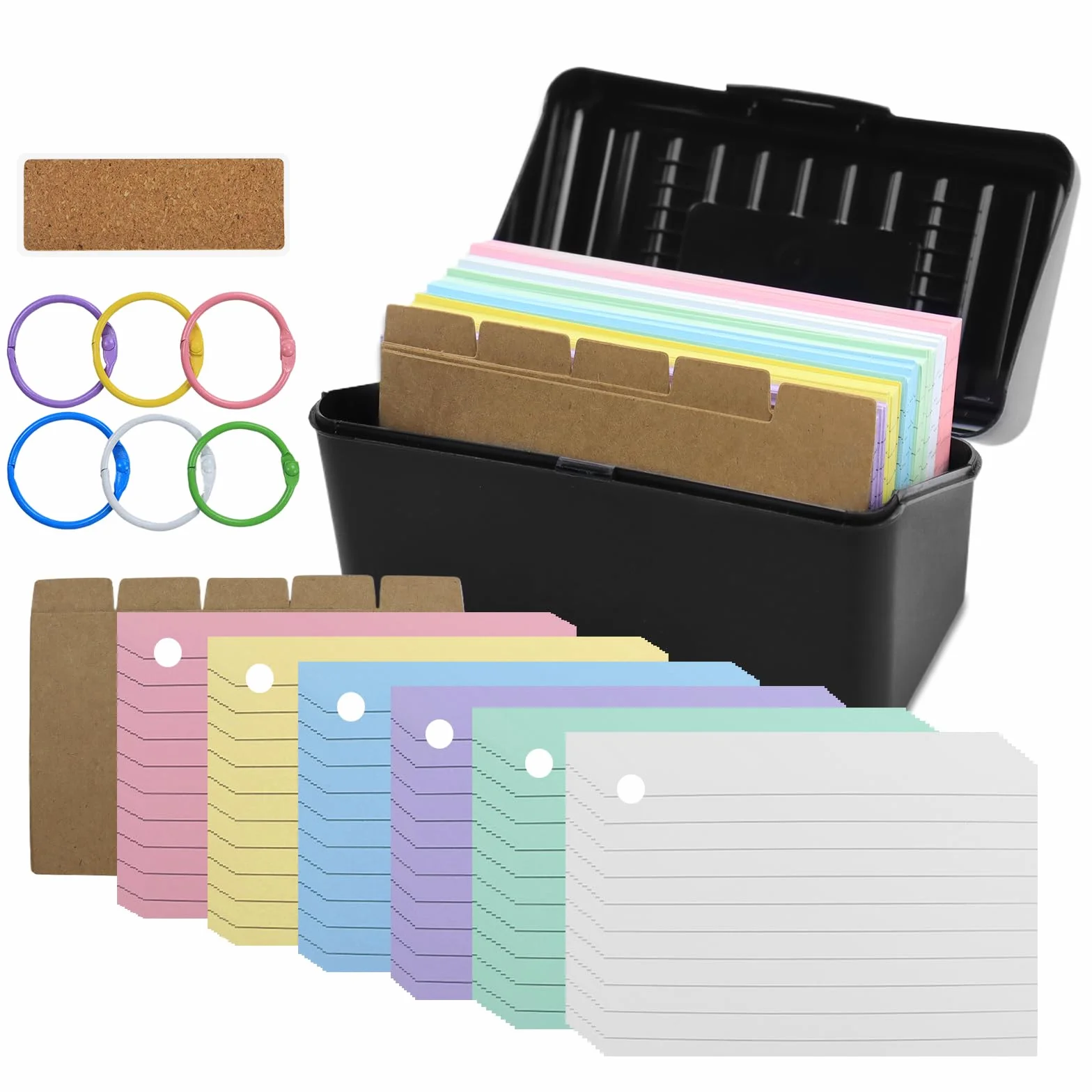 Kit de Boîte à Fiches 313 Pièces avec Boîte Noire, 300 Fiches, 5 Intercalaires