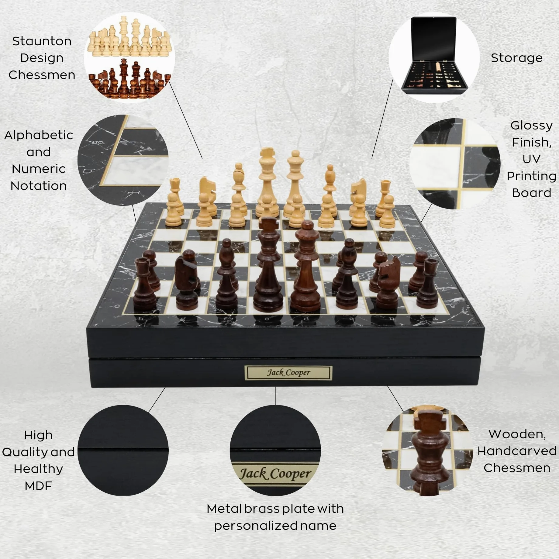 Jeu d'échecs de rangement personnalisé | 36 cm | Dames et pièces d'échecs en bois, courants d'air