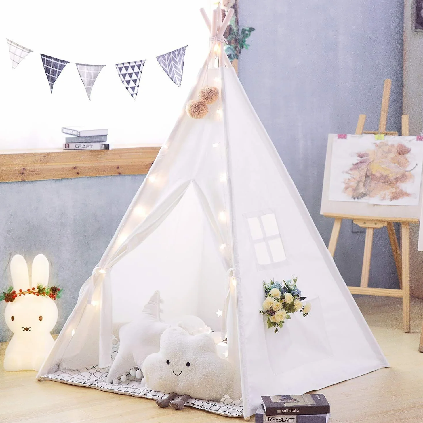 Tente tipi pour enfants blanc ivoire 140x120 cm toile coton avec guirlande lumières étoile