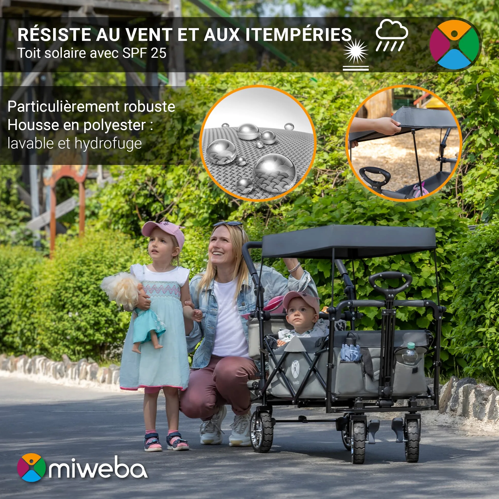 Miweba Chariot pour Enfants MB-20 - Chariot Pliable - Système de Harnais à 2X 3 Points - Frein de Stationnement - Roues en Caoutchouc Dur - Pare-Soleil avec Protection UV (Gris)