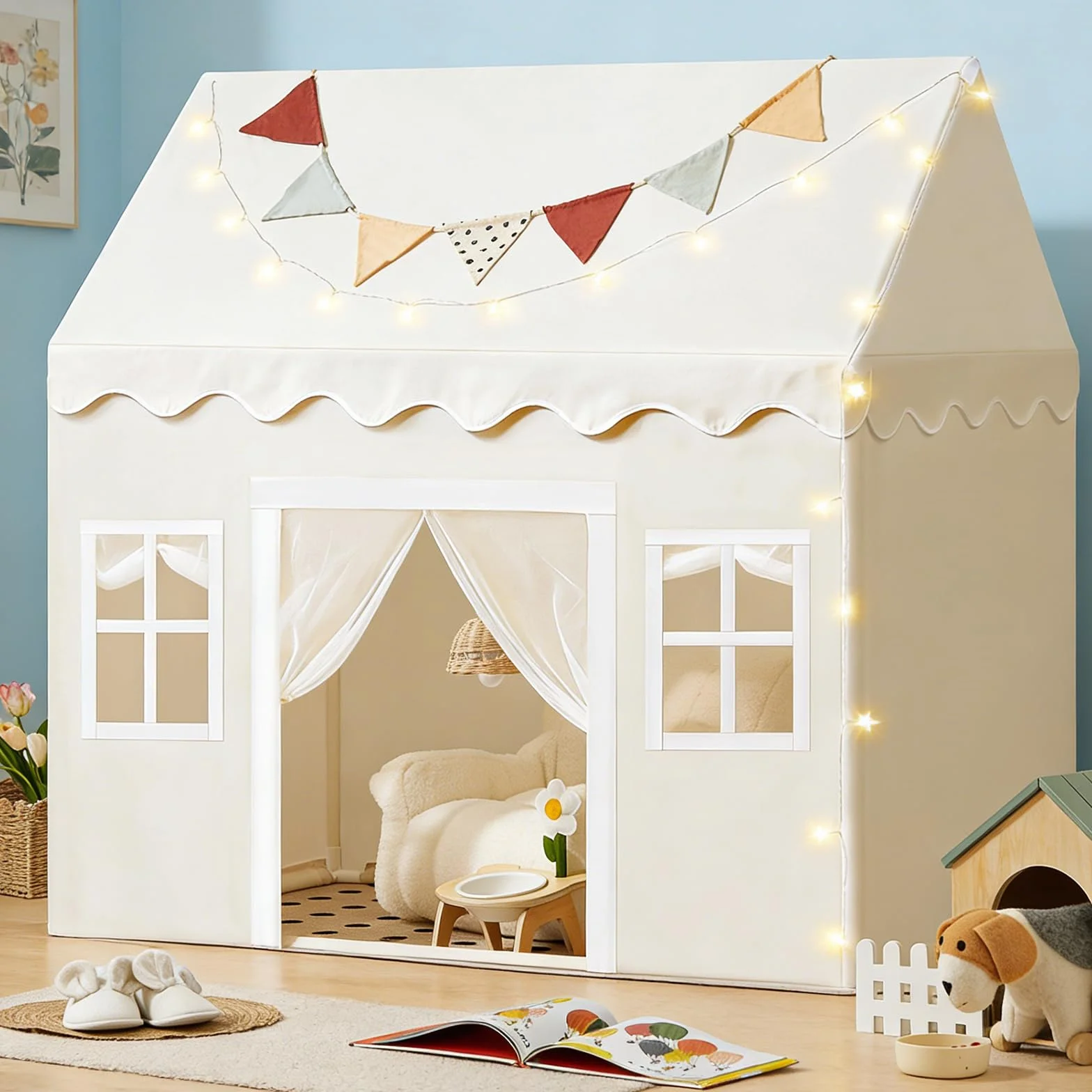 Tiny Land Tente de Jeu pour Enfants avec Tapis et Lumières de Chaîne 4m, Cabane Enfant Intérieur Extérieur, Château Princesse 133x90x136 cm
