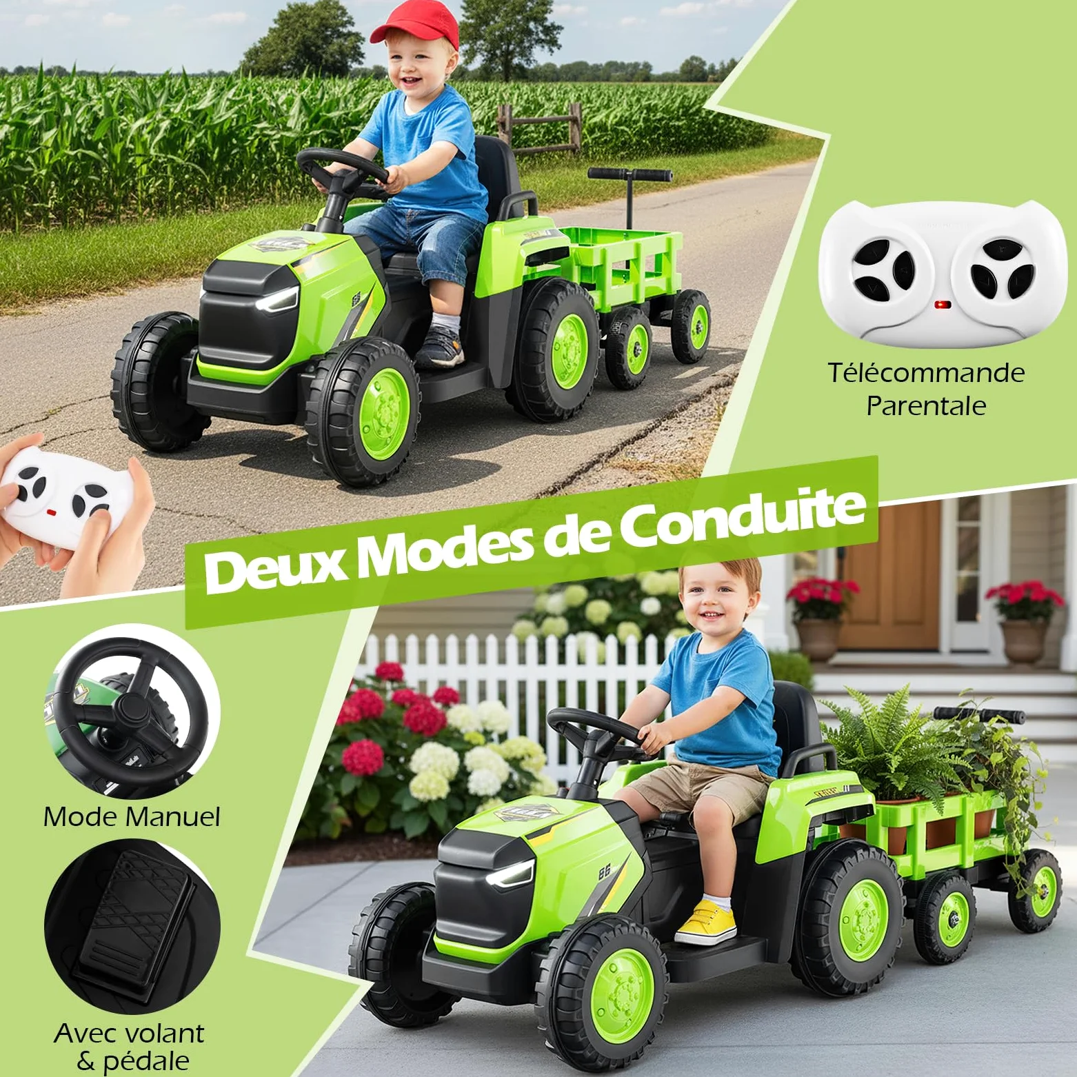 COSTWAY 12V Tracteur Électrique Enfant avec Remorque Amovible, Voiture Électrique Enfant avec Télécommande & Phares LED, Klaxon, Musique, 1,6-4 km/h, Charge 30 kg pour 37-95 Mois (Vert)