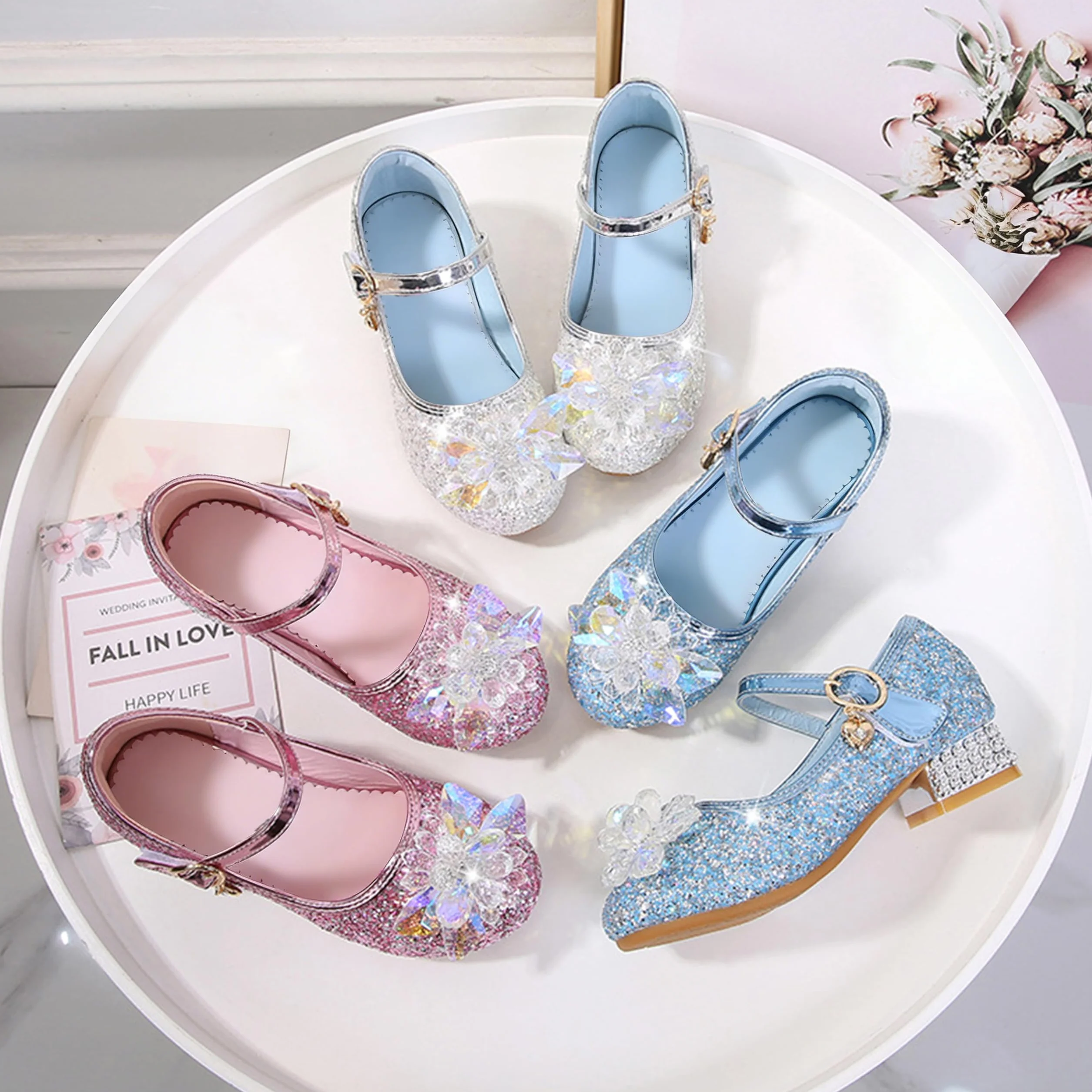 Chaussures de Princesse pour Fille Talon Haut Paillettes Antidérapant Sandales Mariage Rose 25 EU