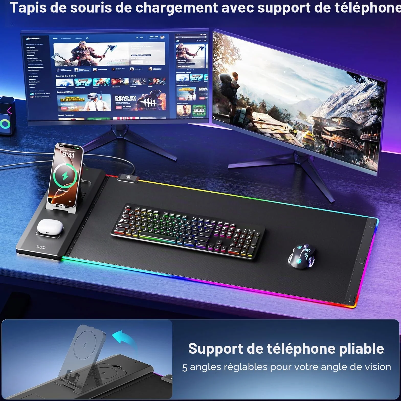 KDD Tapis de Souris avec Support Téléphone Pliable - Recharge sans Fil Rapide 15 W - sous-Main Gaming Surface Ultra-Lisse, Base Antidérapante
