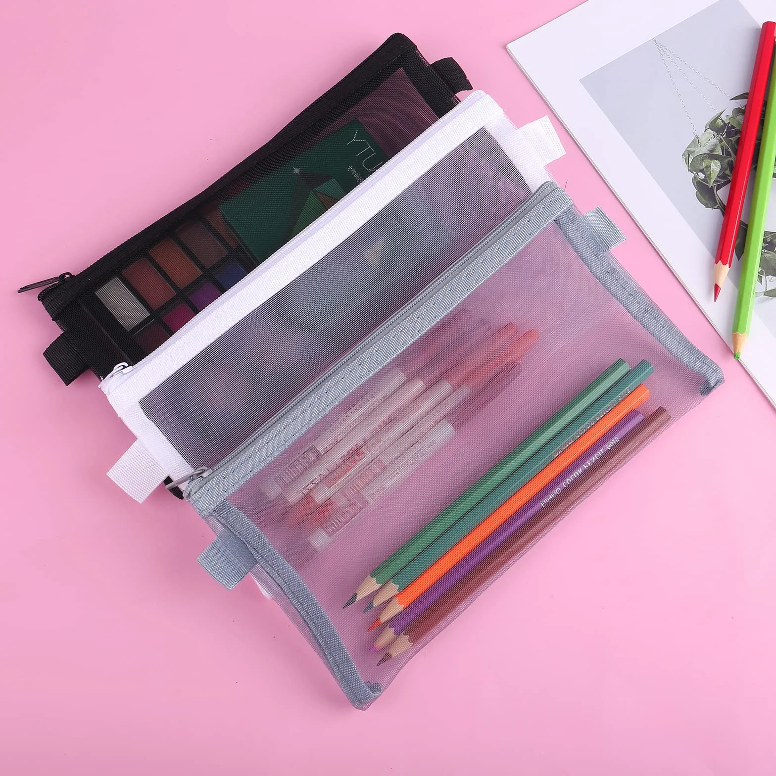 Trousse à Crayons Transparente Lot de 3 Nylon Pochette Zippée Maquillage Fournitures Scolaires Bureau Noir Blanc Gris