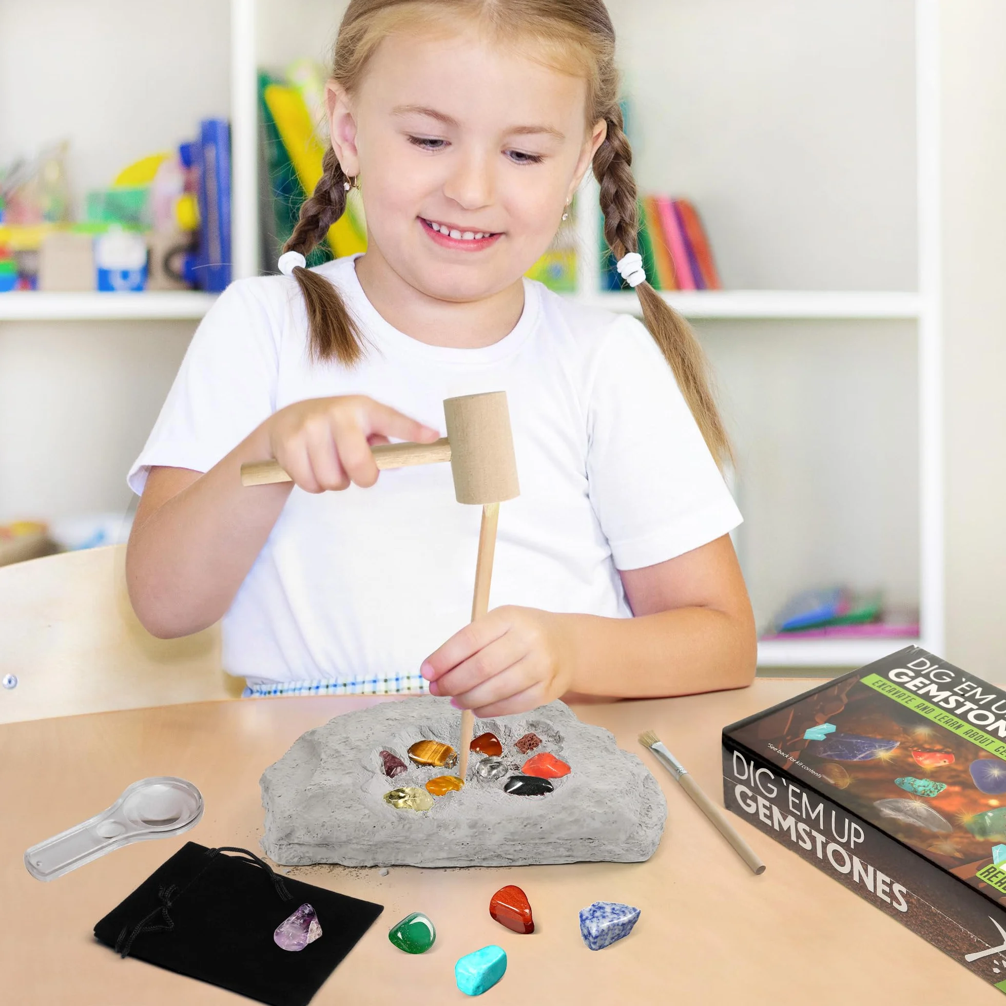 LotFancy Kit de Fouille de Pierres Précieuses - 20 Vraies Gemmes, Kit Scientifique pour Enfants 6-10 Ans, Cadeau Garçons Filles
