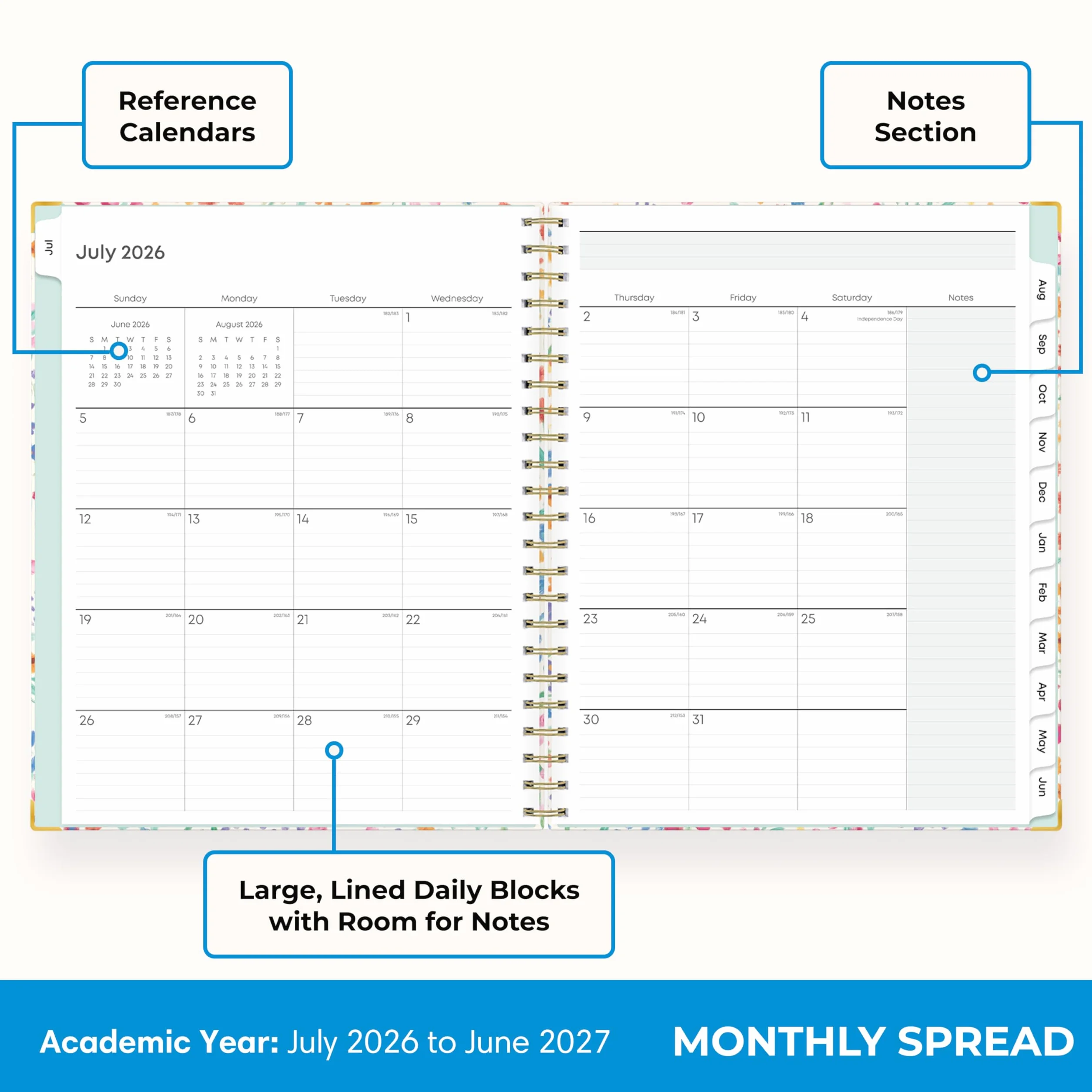 Blue Sky Calendrier hebdomadaire et mensuel 2026-2027 avec presse-papiers, 21,6 x 27,9 cm, couverture rigide