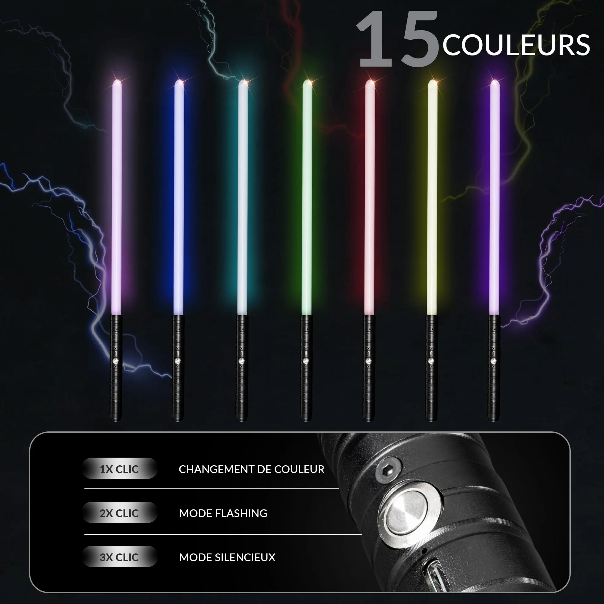 Sabre Laser Enfants Adultes Lot de 2 Épée Laser Double Lame 15 Couleurs Effets Sonores Rechargeable USB Manche Métal Noir