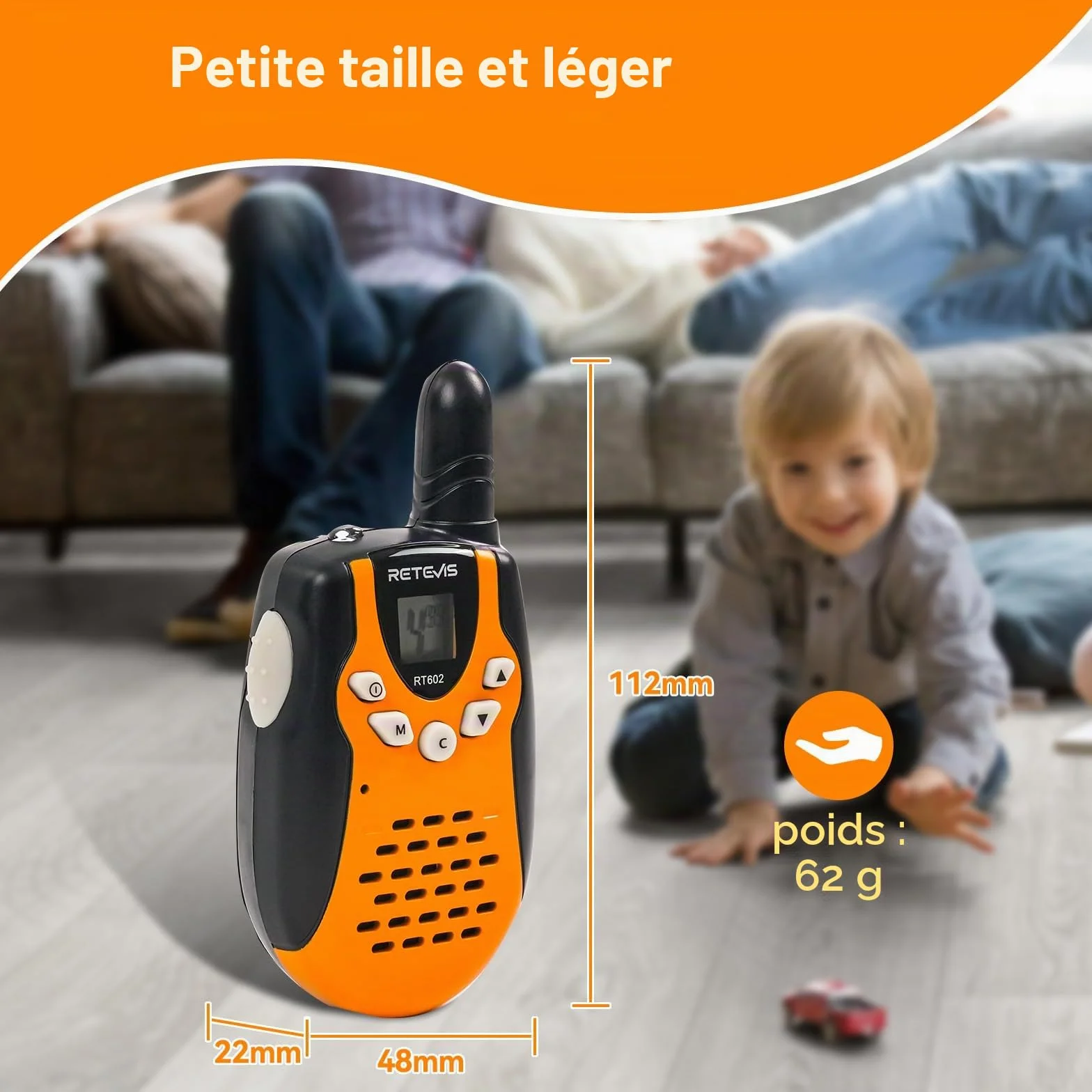 Retevis RT602 Talkie Walkie Enfant Rechargeable avec Base de Chargement et Batterie Li-Ion, Lampe Poche, Cadeau Camping Aventure (1 Paire, Orange)