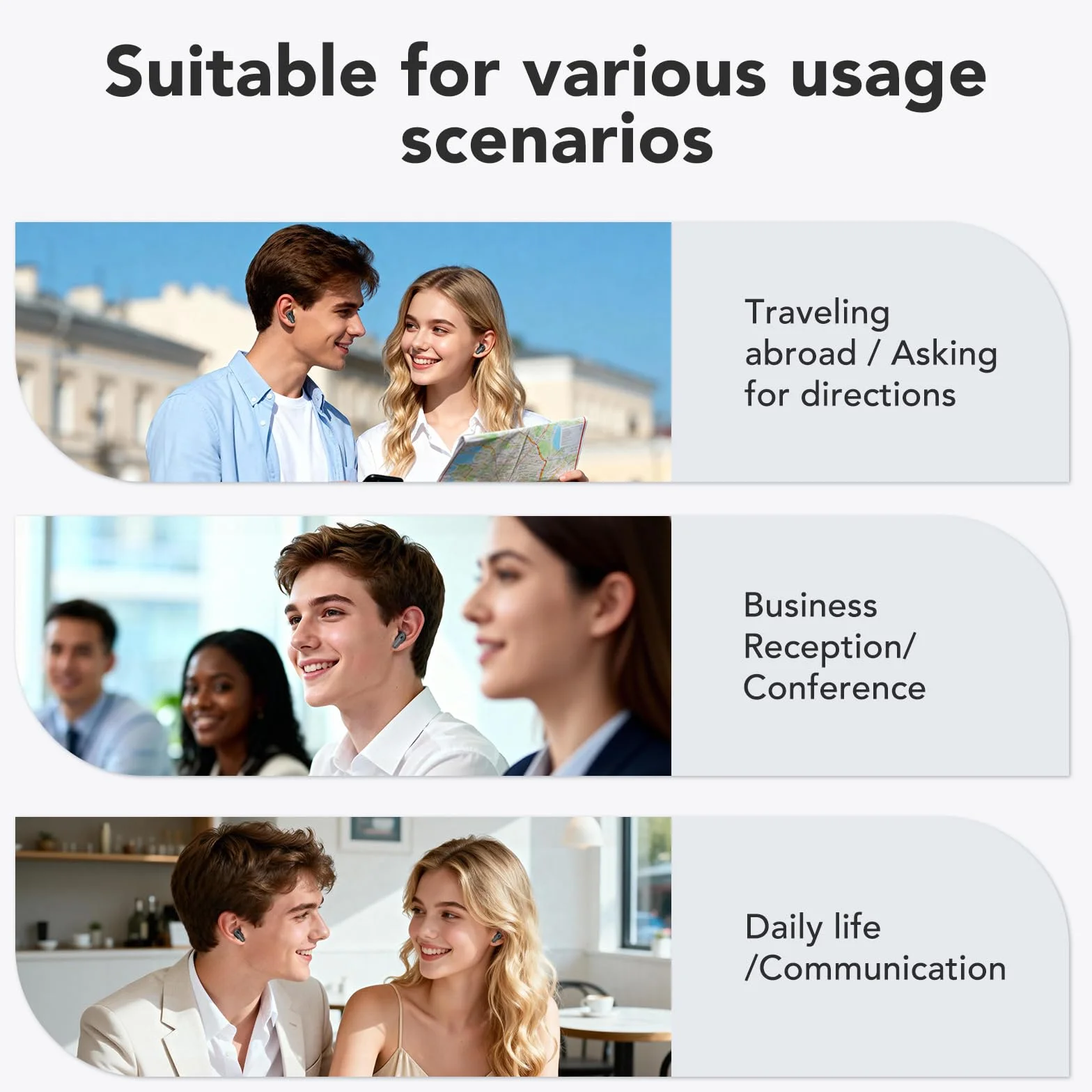 Écouteurs Traduction Instantané 134 Langues Bluetooth Sans Fil avec Écran Tactile Noir