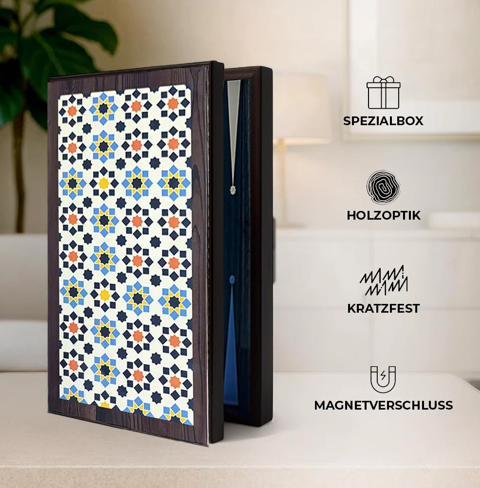 Biggdesign Star Backgammon | Boîtier magnétique en MDF avec revêtement anti-rayures, finition vernis 2 couches