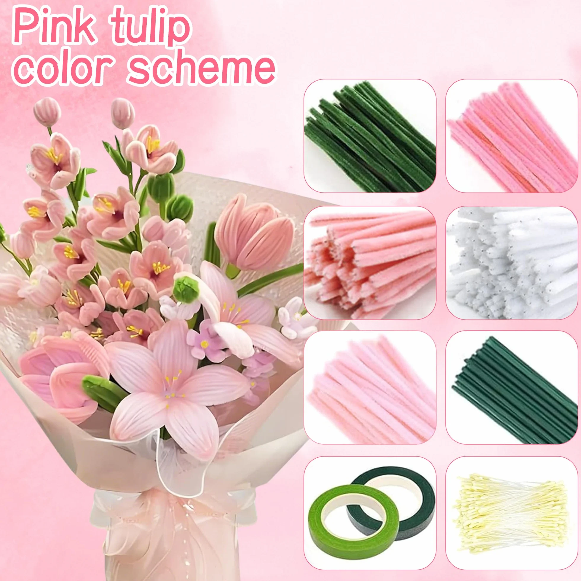 Kit Complet Fleurs en Fils Chenille 850 Cure-Pipes 15 Couleurs avec Étamines Artificiel pour Décoration DIY