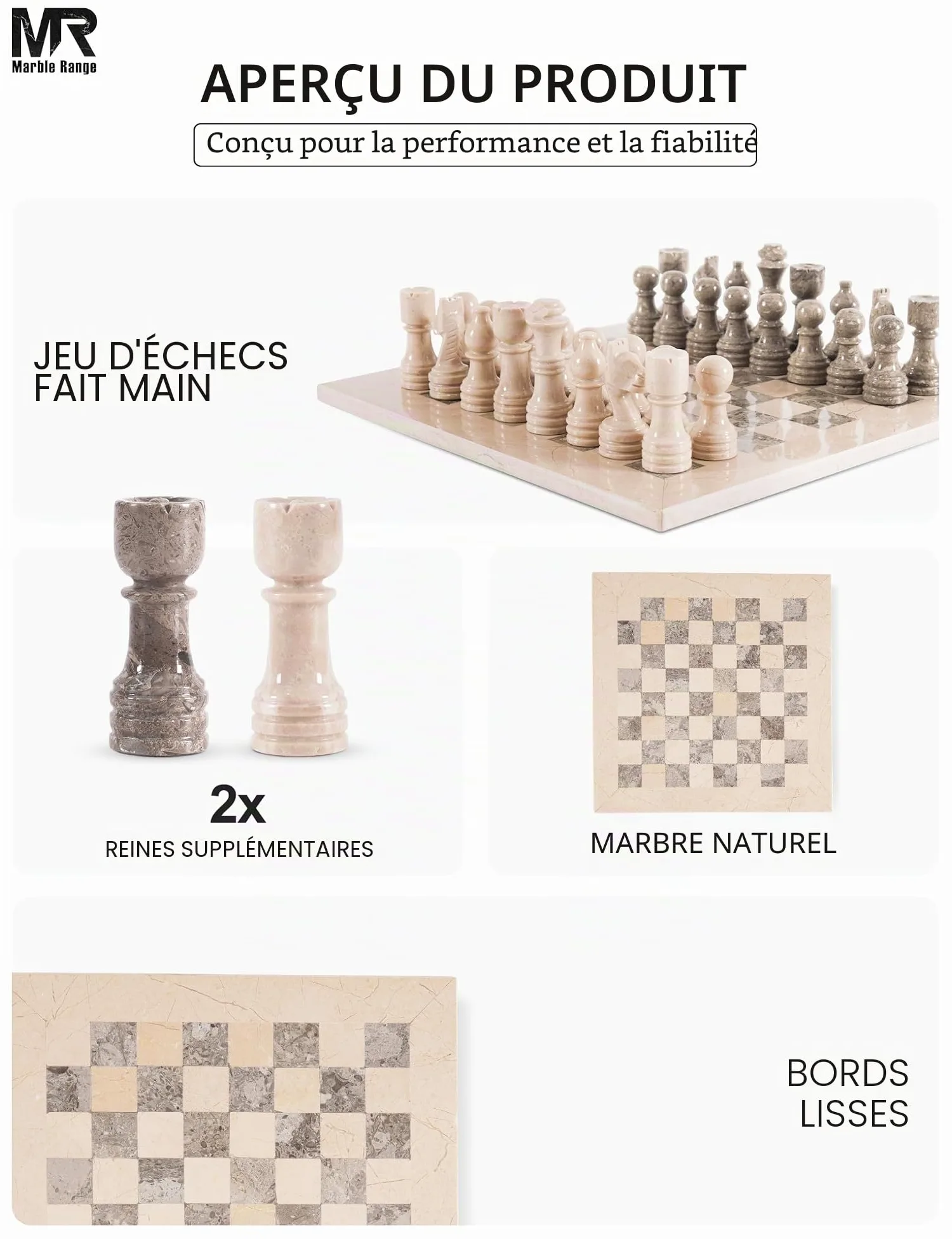 Verona and Oceanic Jeu d'échecs en marbre fait à la main avec boîte de rangement, jeu d'échecs de voyage classique pour adultes avec pièces d'échecs et 2 reines supplémentaires, cadeau élégant et