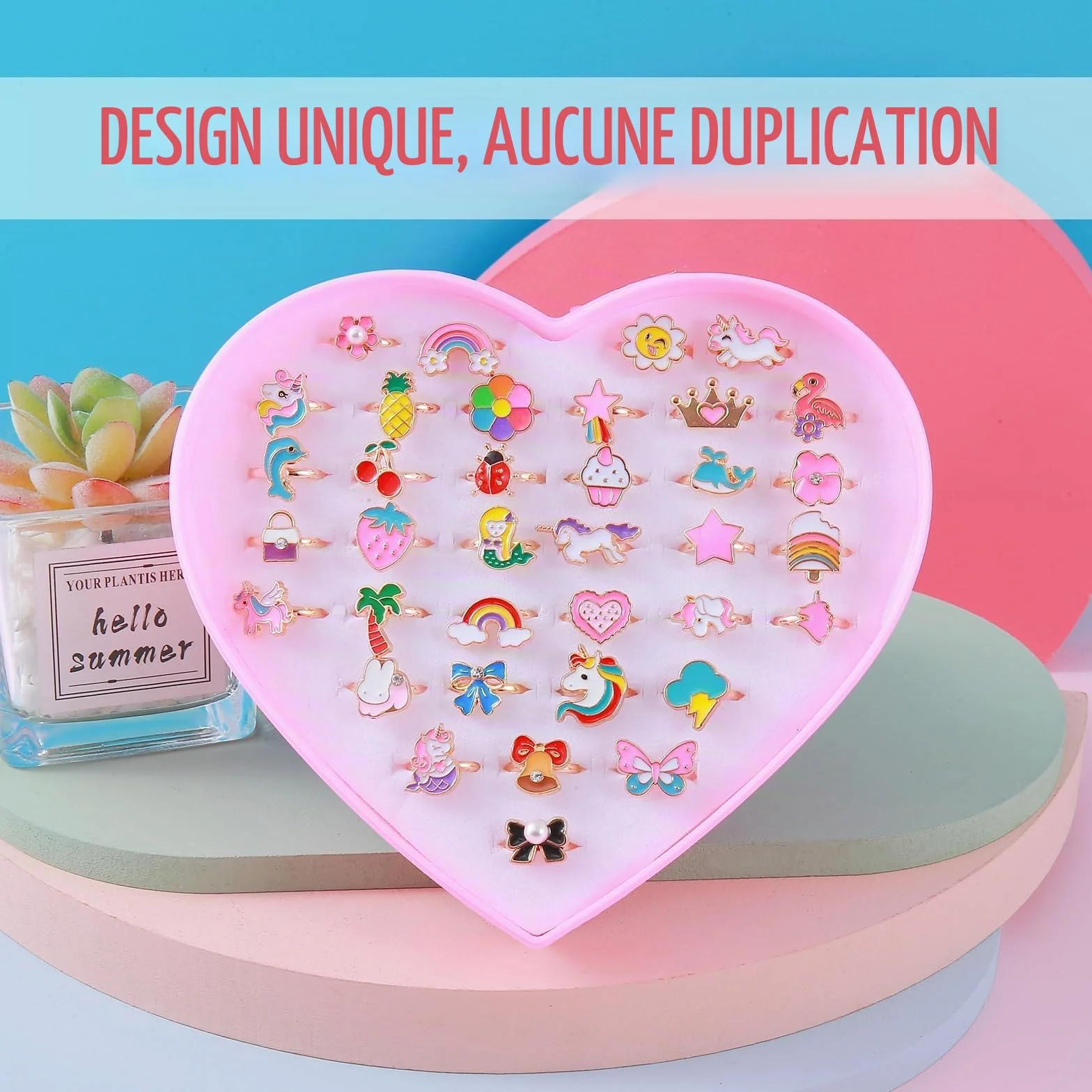 Bagues Enfant Fille Réglables en Métal Coloré, Dessin animé Motifs Aléatoires, Cadeau 4-12 Ans, Boîte Cœur Rose