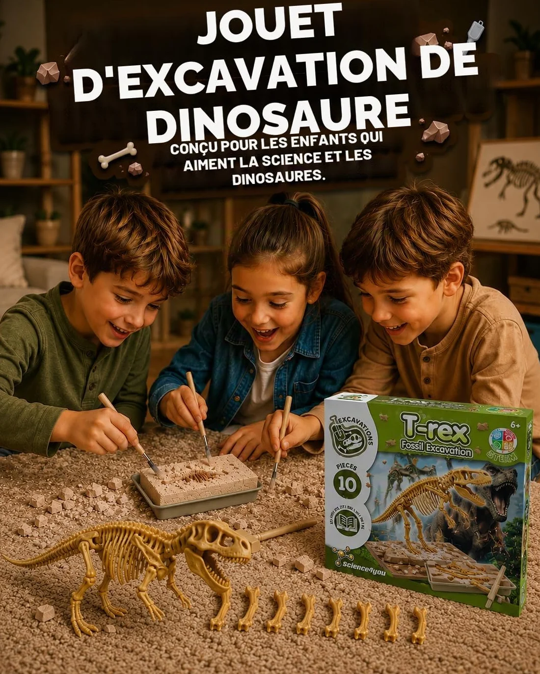 Science4you Dinosaure T-Rex Kit de Fouille pour Enfants +6 Ans - Excaver et Assembler Fossiles, Jeu d'Archéologie